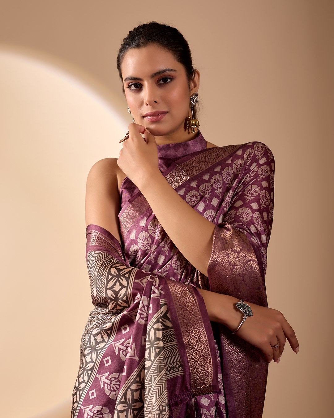 Regal Soft Lichi Silk Saree adorned with intricate digital ethnic weaving motifs and a luxurious golden zari border.