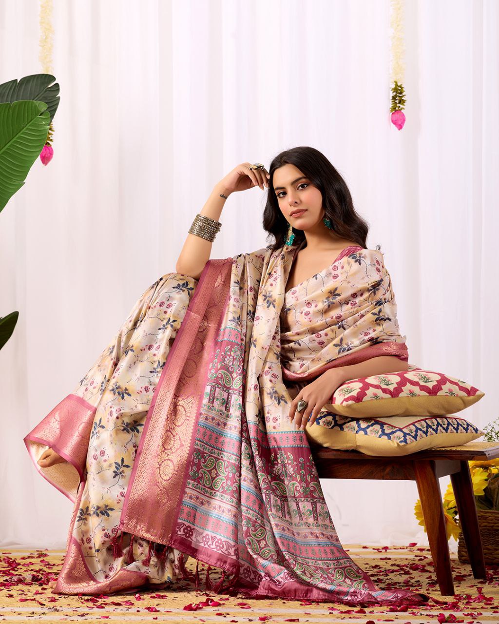 Premium Soft Lichi Silk Saree featuring mesmerizing floral digital prints beautifully enhanced with an elegant contrast zari woven border.
