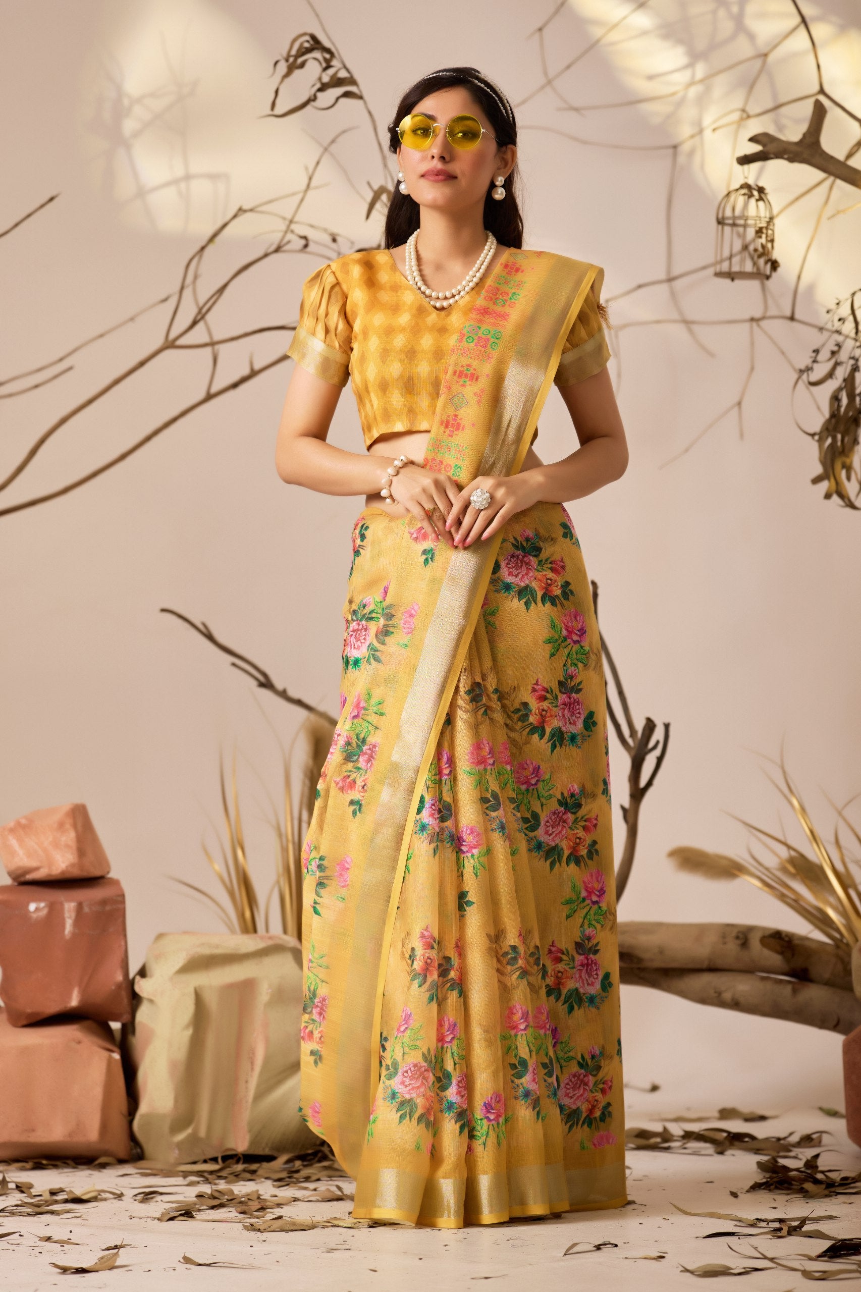 Premium Linen Cotton Saree with Elegant Digital Floral & Traditional Patola Style Print with Classic Contrast Border