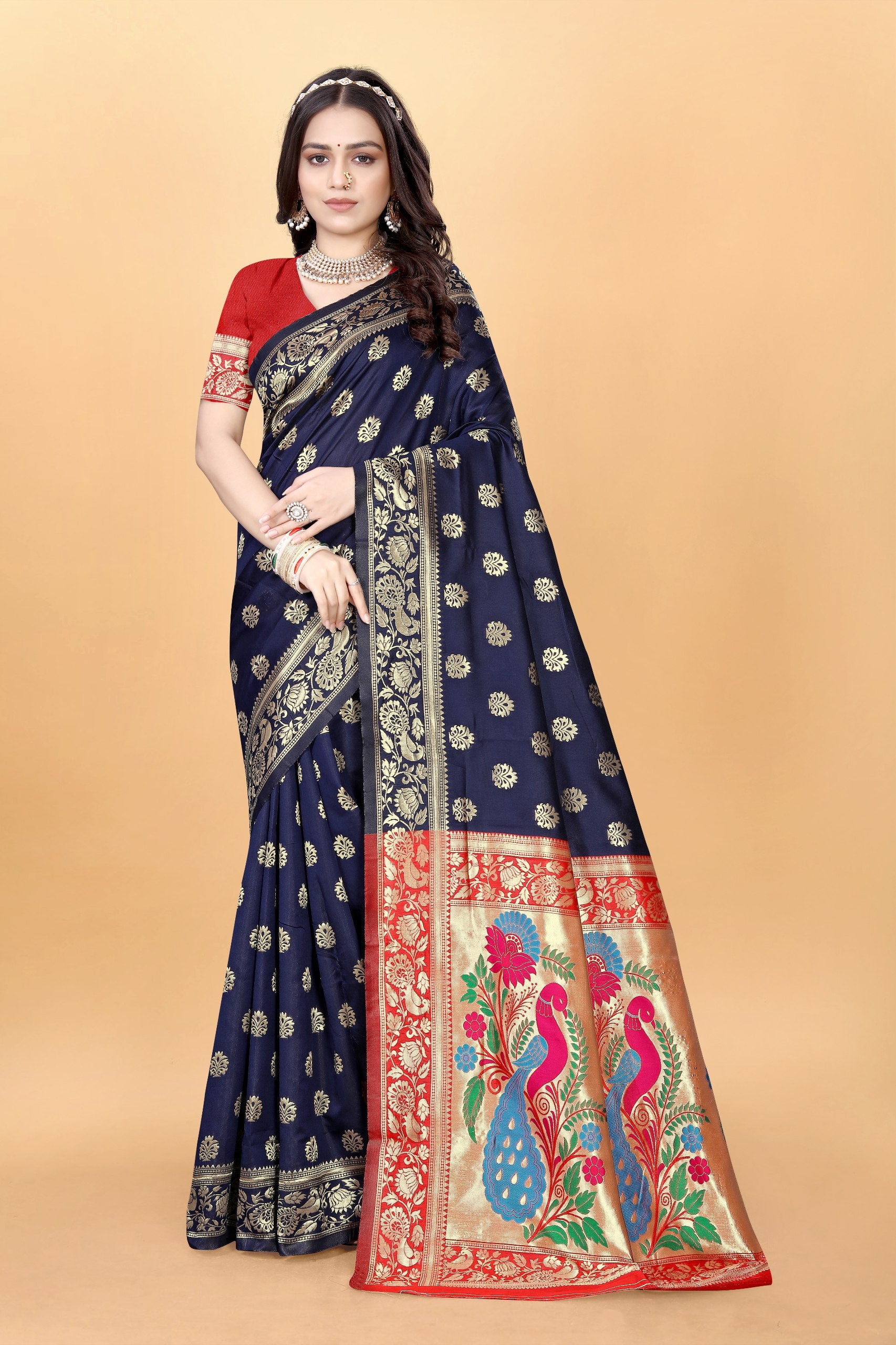 Majestic Banarasi Silk Saree with Dual Peacock Pallu and Zari Detailing