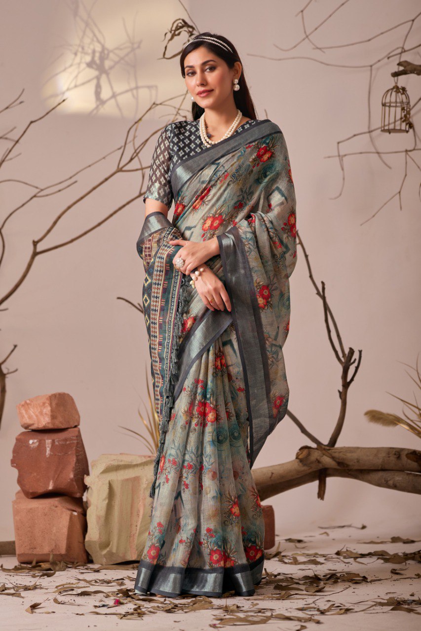 Premium Linen Cotton Saree with Elegant Digital Floral & Royal Ethnic Print & Classic Contrast Patola Style Border