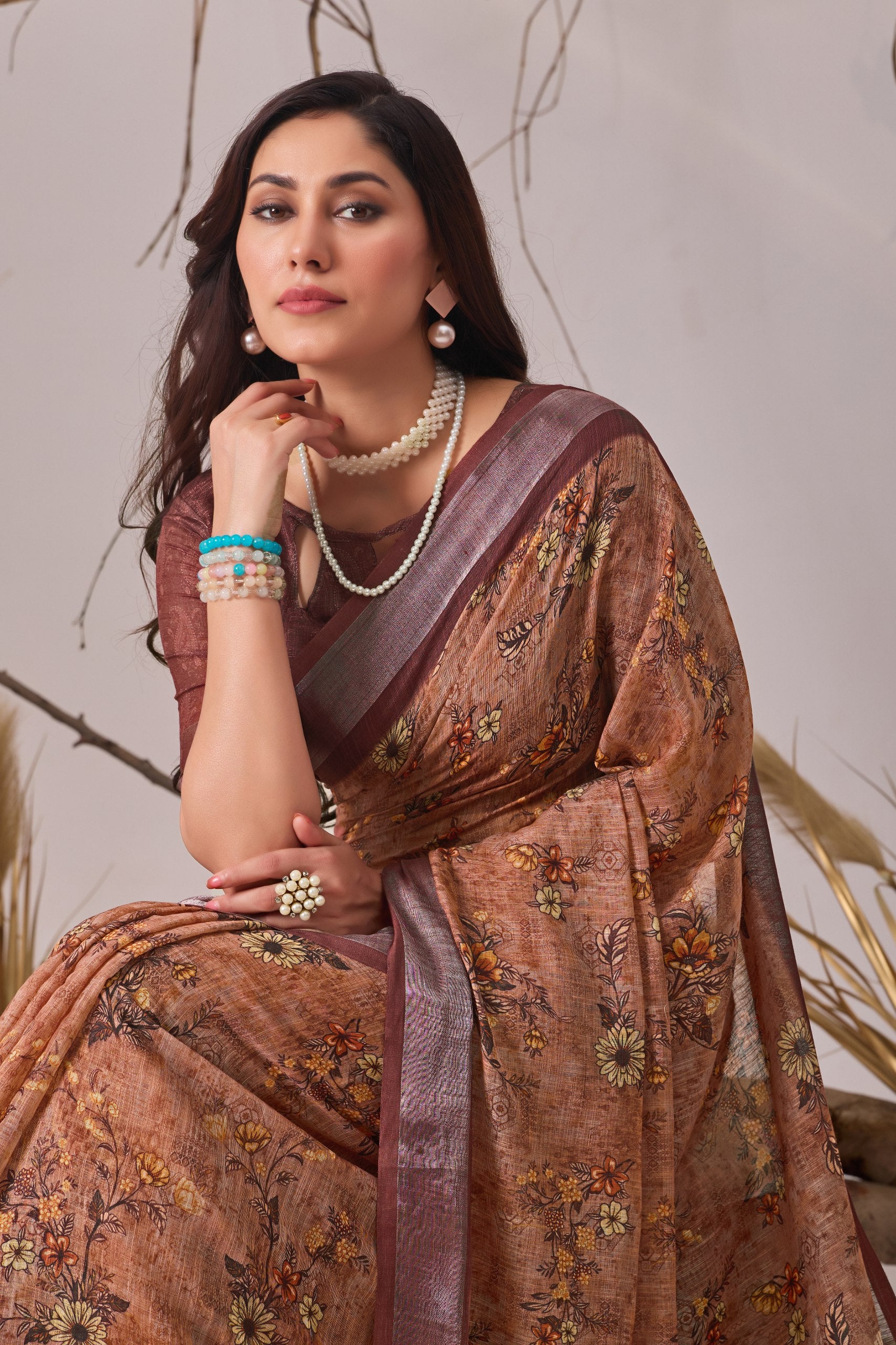 Linen Cotton Saree with Elegant Digital Floral & Traditional Woven-Style Print