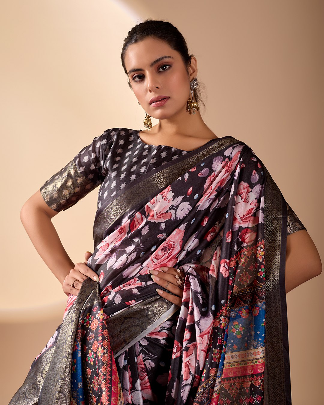 Premium Soft Lichi Silk Saree in Rich Black Tone, adorned with Artistic Floral Prints and a Vibrant Traditional Multicolor Pallu.