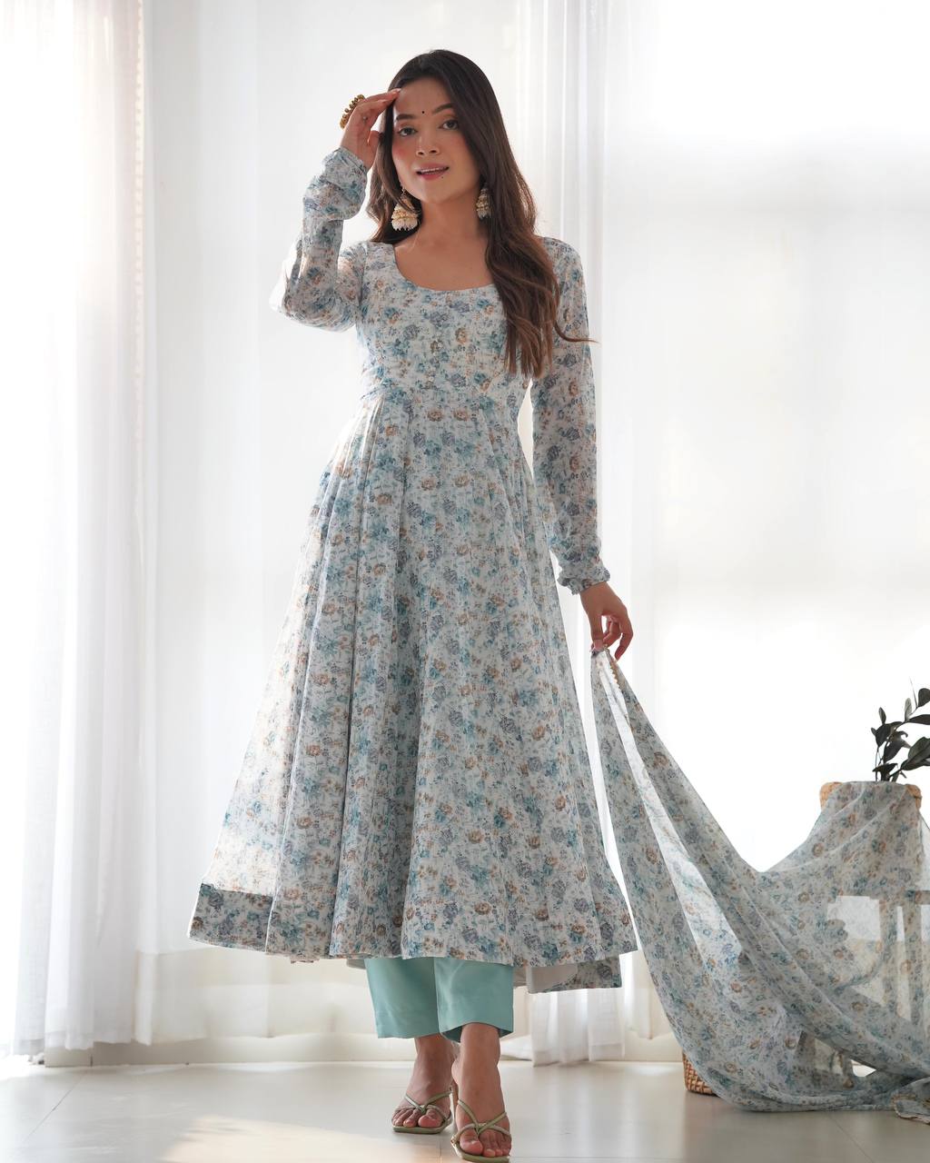 Pastel Floral Printed Organza Anarkali Suit set