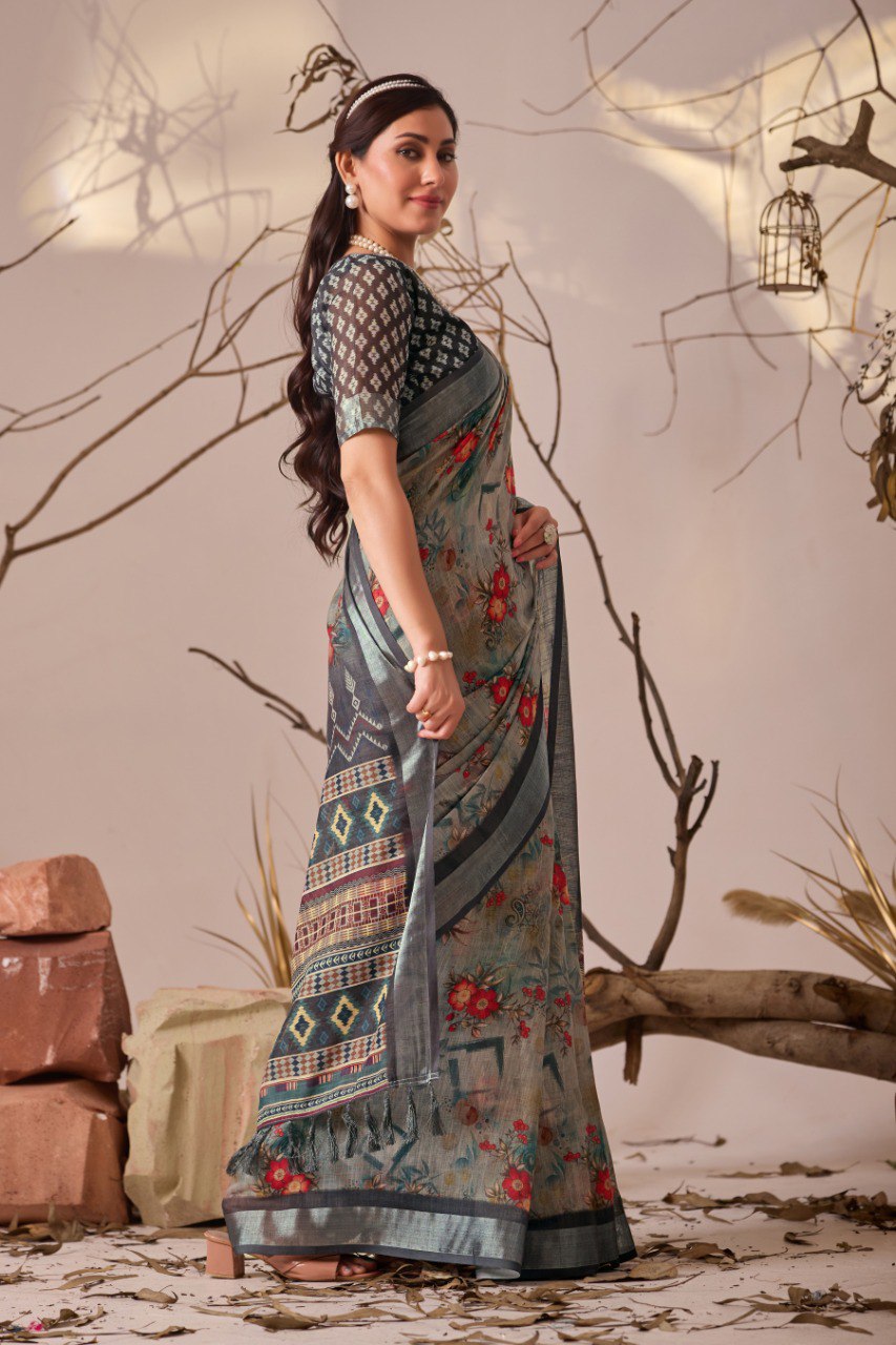 Premium Linen Cotton Saree with Elegant Digital Floral & Royal Ethnic Print & Classic Contrast Patola Style Border