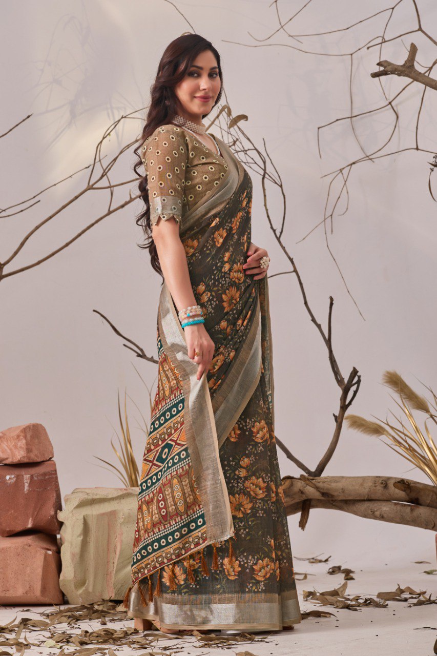 Linen Cotton Saree with Beautiful floral pattern Digital Printed Design