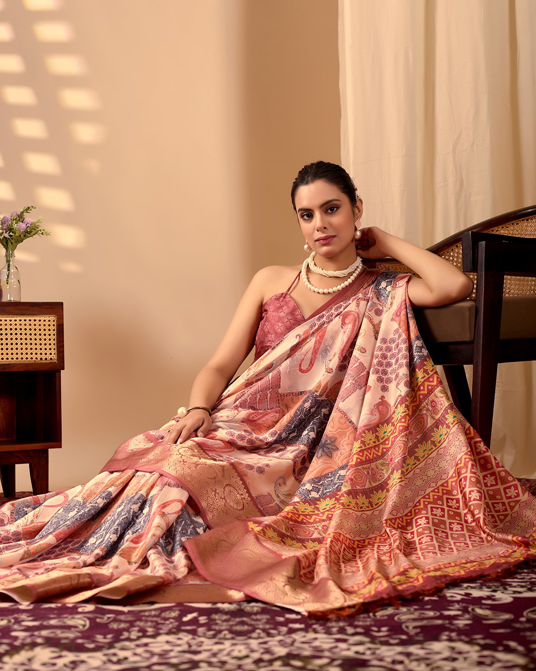 Premium Soft Lichi Silk Saree in an Elegant Peach & Multicolor Shade, beautifully adorned with Traditional and Artistic Digital Prints.