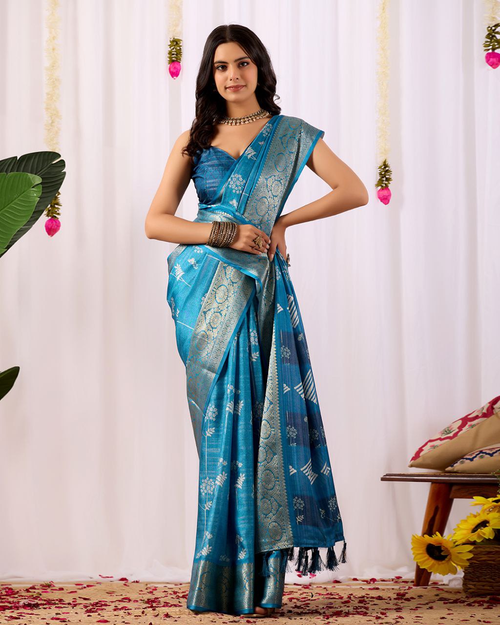 Premium Soft Lichi Silk Saree highlighted with graceful silver zari weaving and intricate ethnic motifs — radiating sheer elegance and royal charm in every drape.