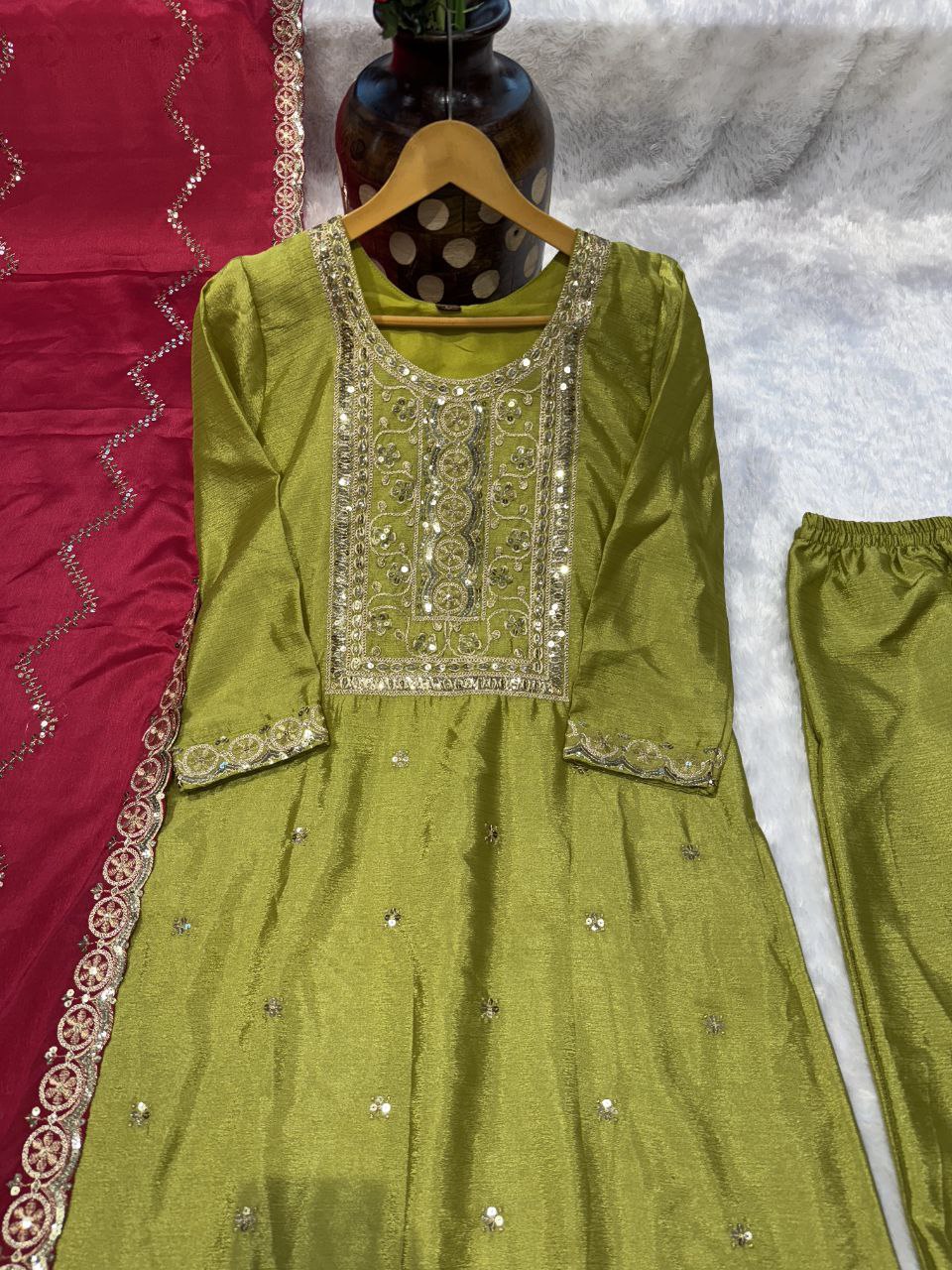NEW  colour 3-pair Suit Set you've described seems to be a party wear outfit made from have pure chinon  fabric with  sequence  embroidery work .(3-Pair)