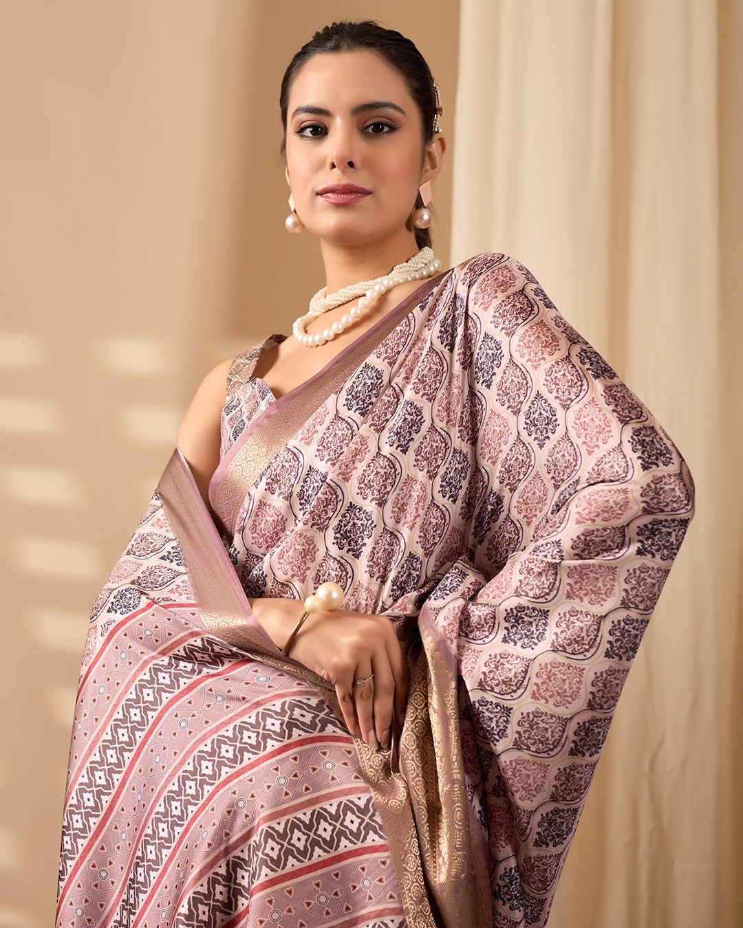 Elegant Soft Lichi Silk Saree beautifully crafted with intricate digital weaving patterns and a rich golden zari border