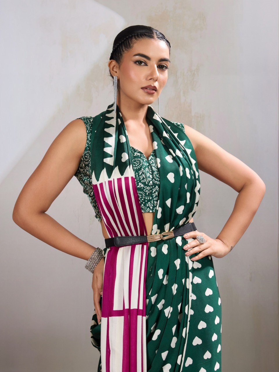 Pure Ajrakh modal satin fabric featuring traditional printed motifs with rich, earthy tones and a soft, breathable feel, perfect for all-day elegance.