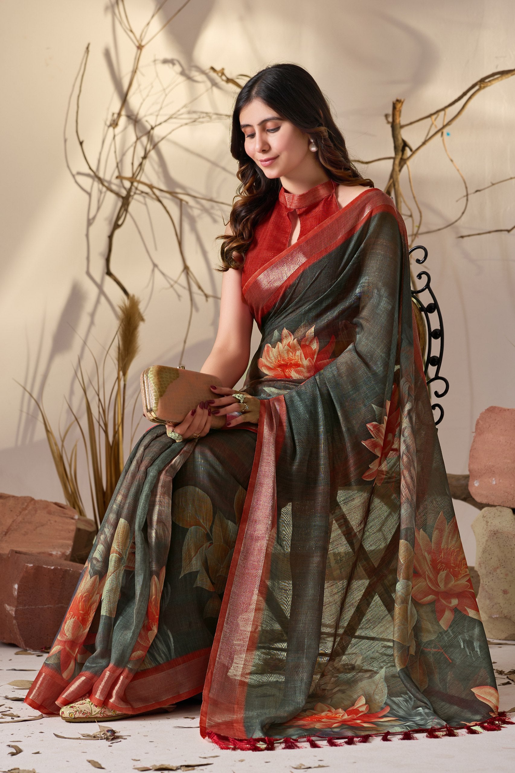 Premium Linen Cotton Saree with Artistic Dark Shade Floral Digital Print & Elegant Rust Red Border with Tassel Detailing