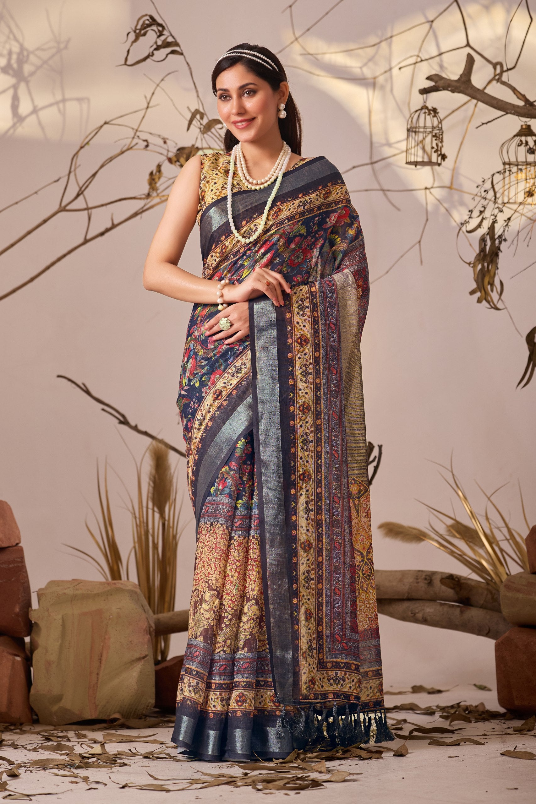 Premium Linen Cotton Saree with Elegant Digital Floral & Royal Ethnic Print & Classic Contrast Patola Style Border