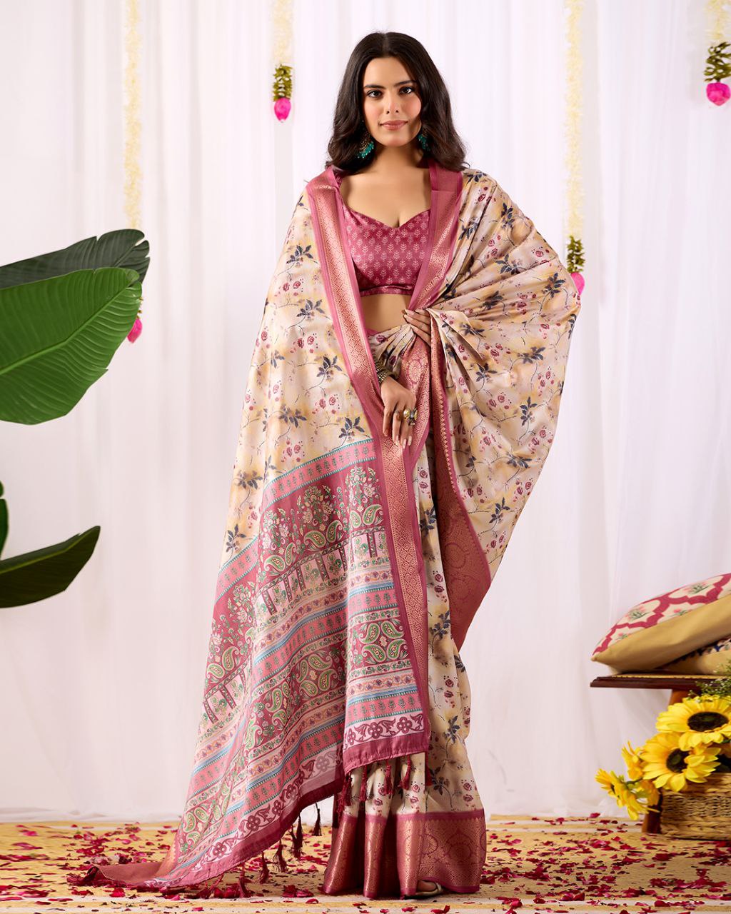 Premium Soft Lichi Silk Saree featuring mesmerizing floral digital prints beautifully enhanced with an elegant contrast zari woven border.