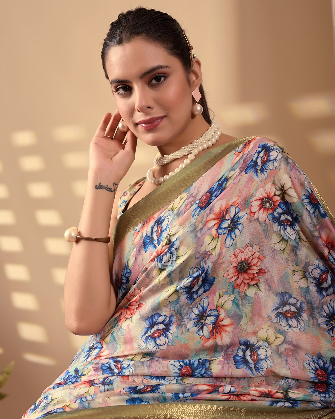 Elegant Soft Lichi Silk Saree adorned with mesmerizing digital floral patterns and a rich golden zari border