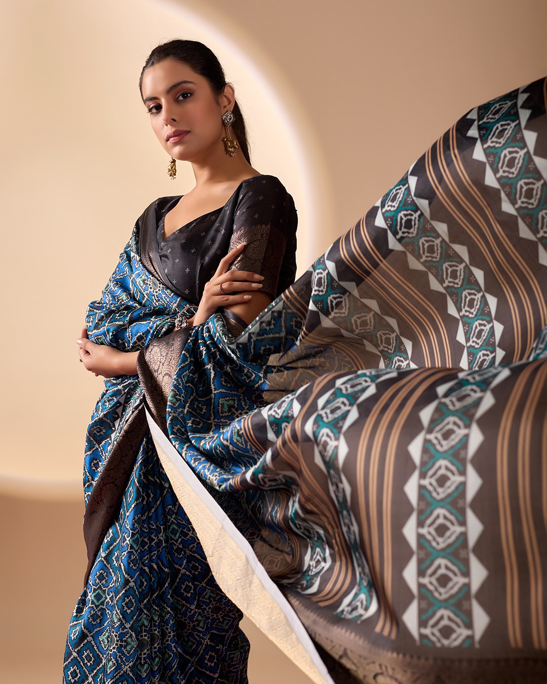 Exquisite Soft Lichi Silk Saree featuring elegant digital ethnic geometric designs paired with a luxurious copper zari border.