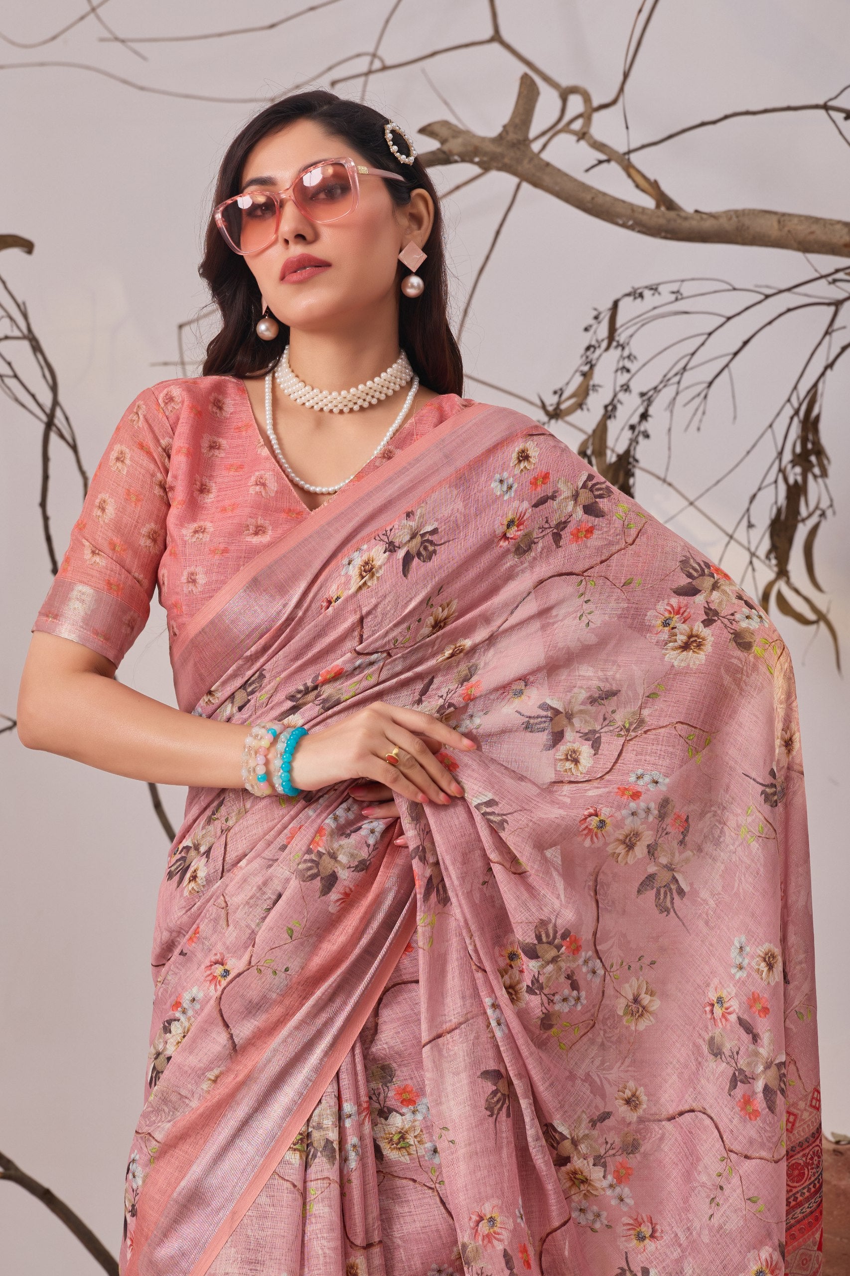 Premium Linen Cotton Saree with Graceful Digital Floral Print & Traditional Patola Border Design