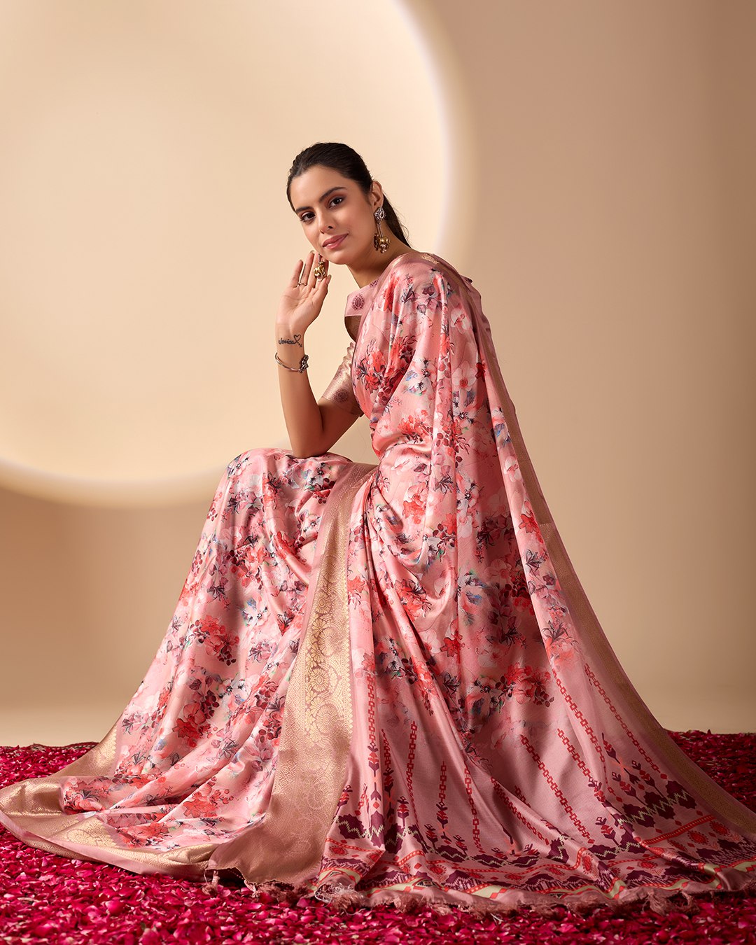 Gorgeous Soft Lichi Silk Saree with enchanting digital floral prints and a rich golden zari border.