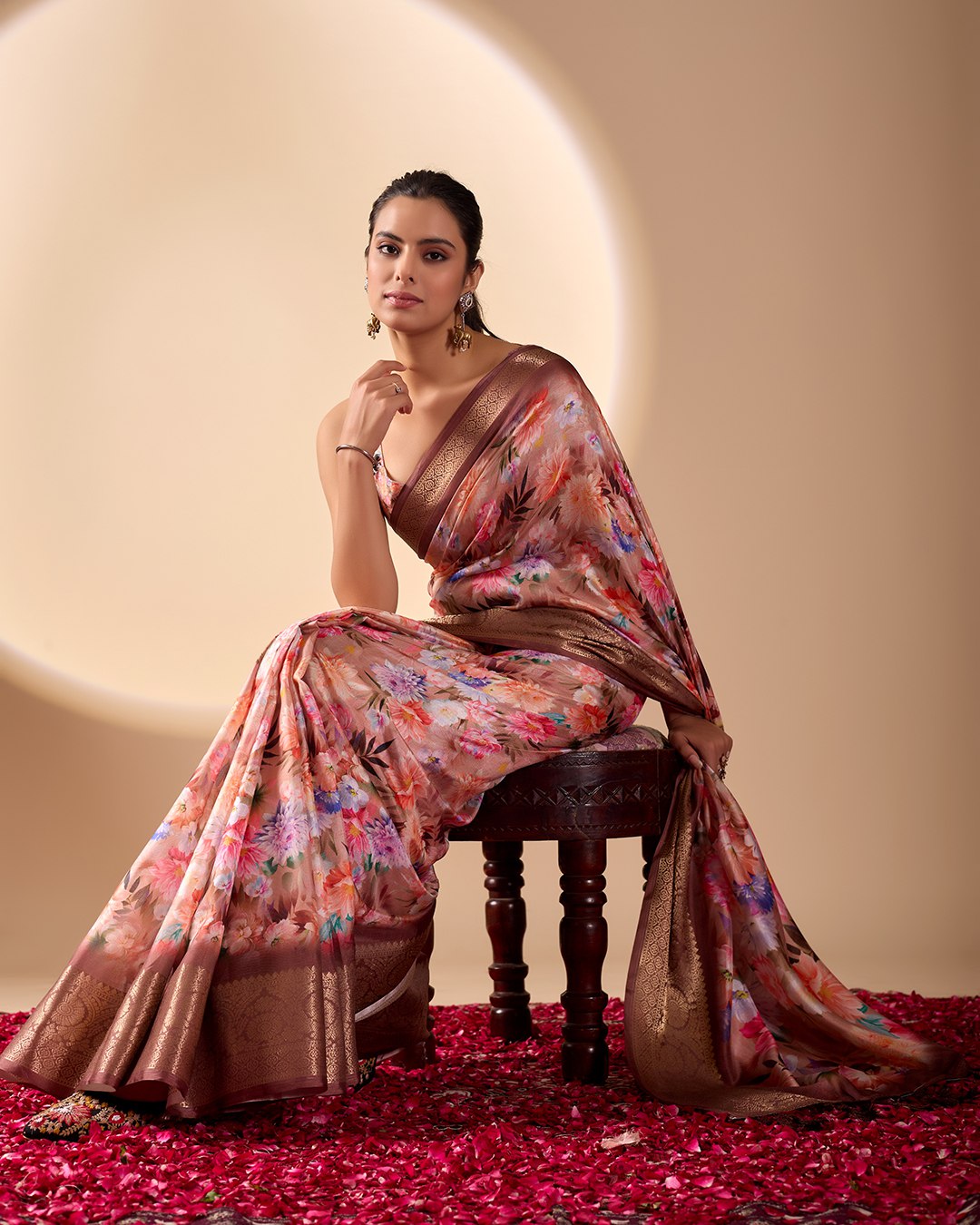 Elegant Soft Lichi Silk Saree featuring mesmerizing digital floral patterns and a rich golden zari border — the perfect blend of vintage charm and modern sophistication.