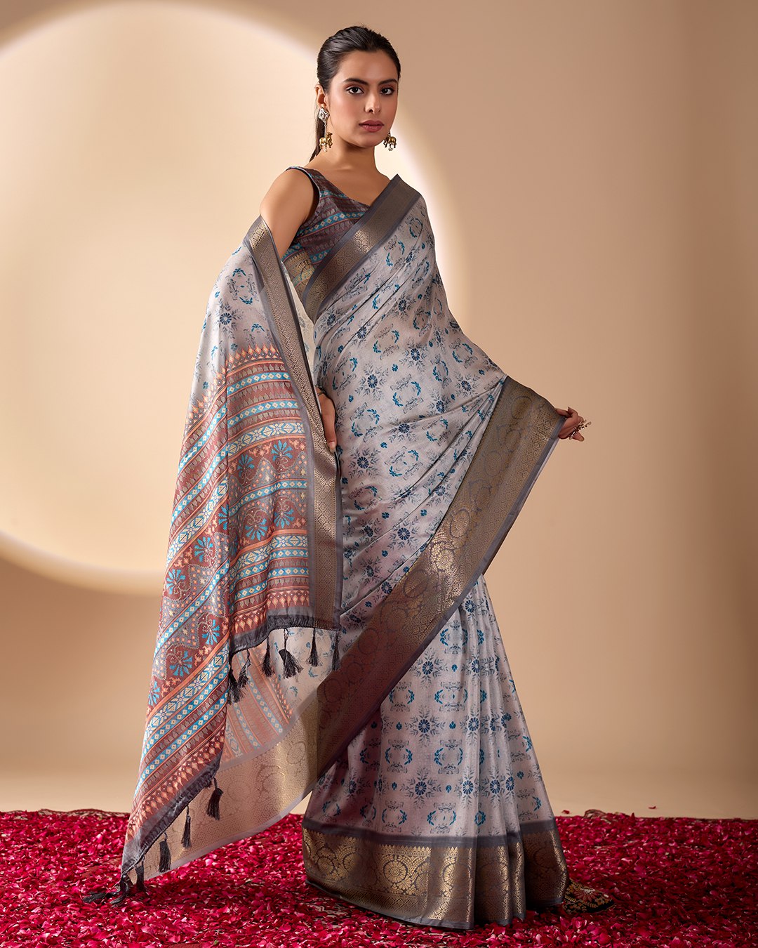 Premium Soft Lichi Silk Saree in Elegant Sea Green Shade, adorned with Artistic Abstract & Floral Digital Prints and enriched with a Luxurious Golden Zari Woven Border
