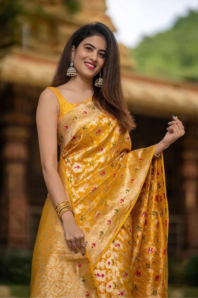 Mango Yellow Banarasi Silk Saree With Zari Weaving Work