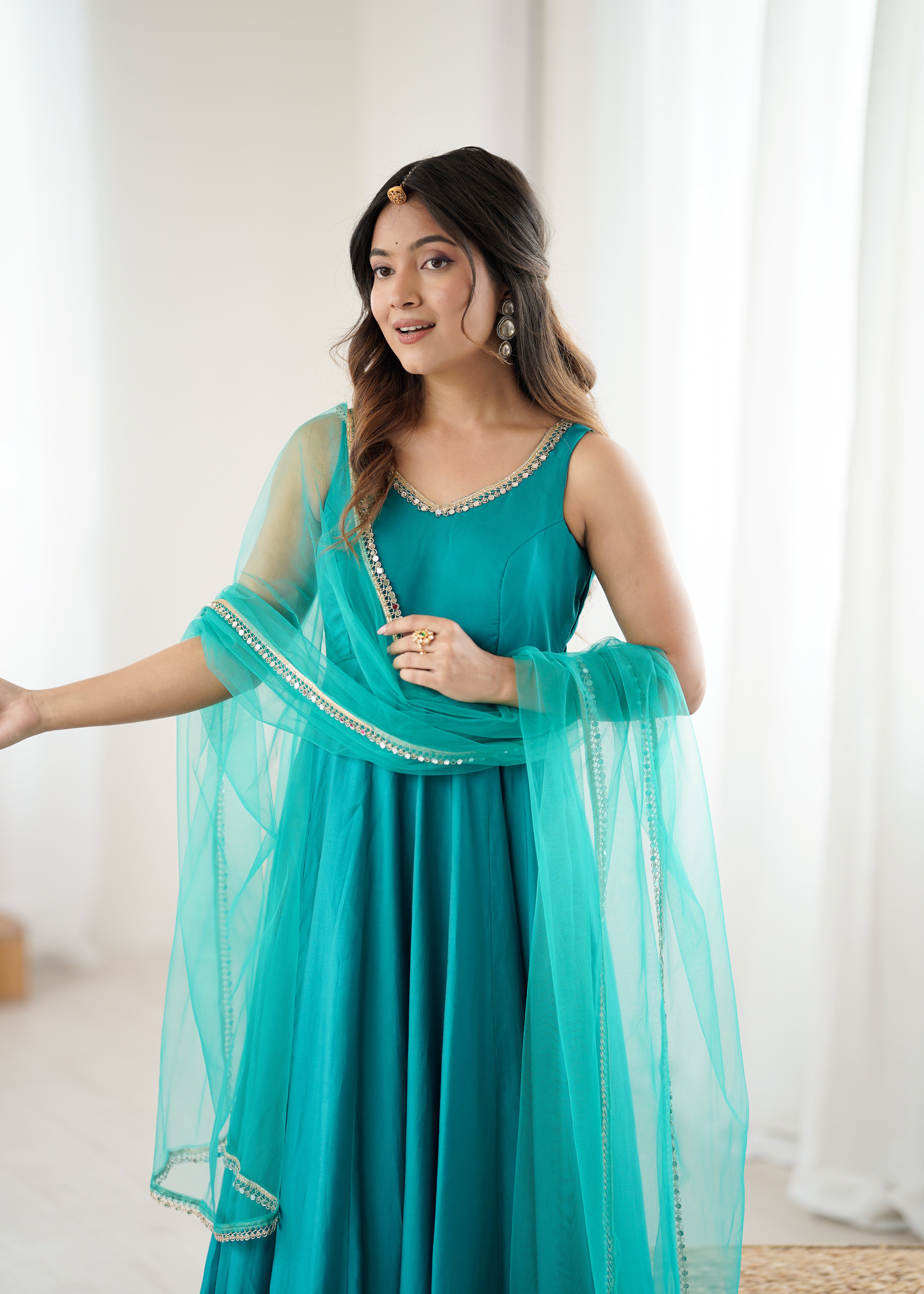 PURE ROMANSILK CHANDERI FABRIC FULLY FLARE ANARKALI,WITH DUPPTA SET,PENT READY TO WEAR