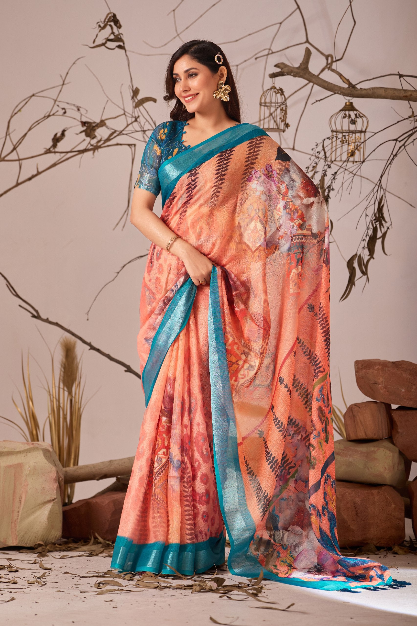 Premium Linen Cotton Saree with Elegant Digital Floral & Leaf Print & Classic Contrast Patola Style Border