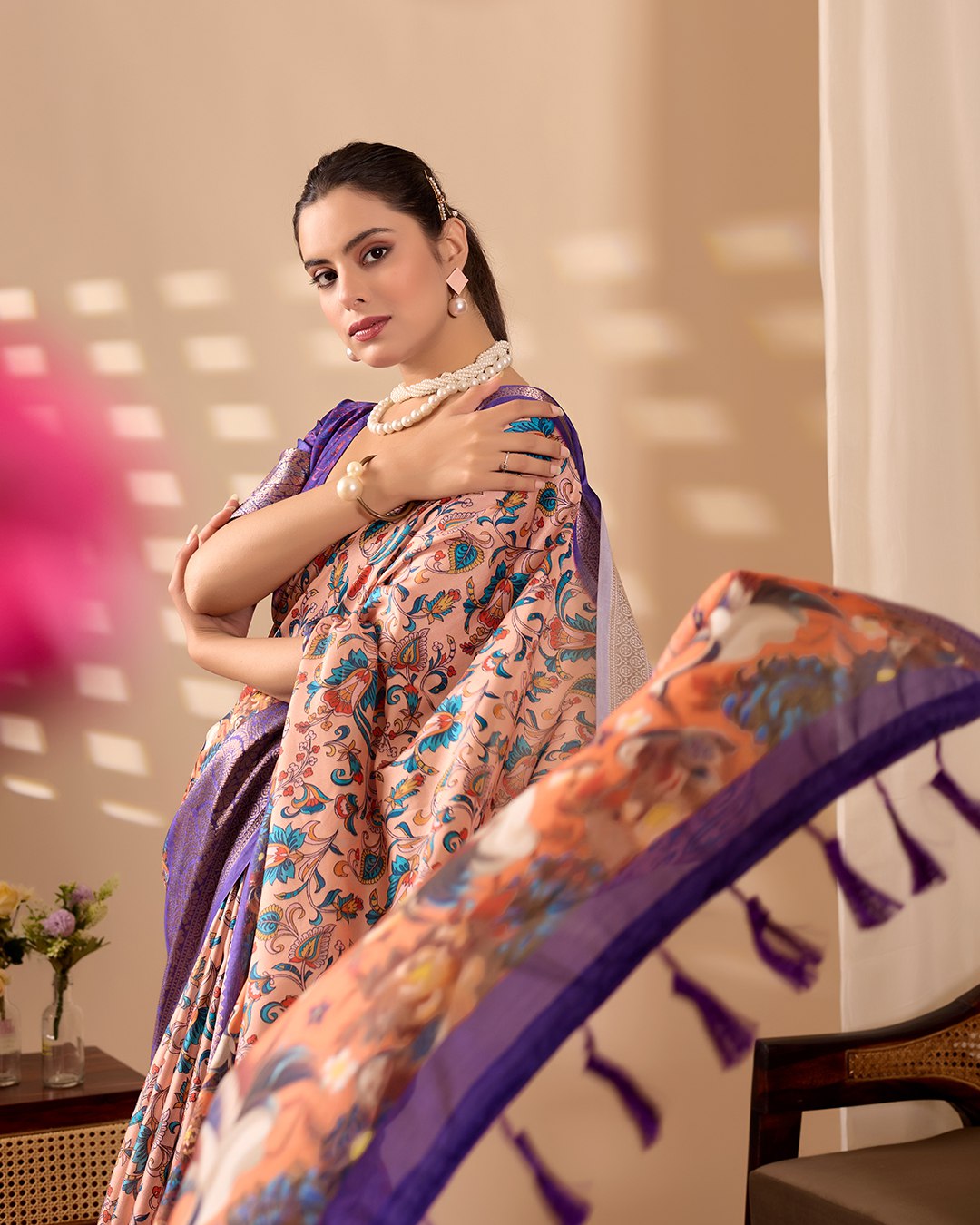 Elegant Soft Lichi Silk Saree featuring exquisite digital ethnic motifs and a royal purple golden zari border.