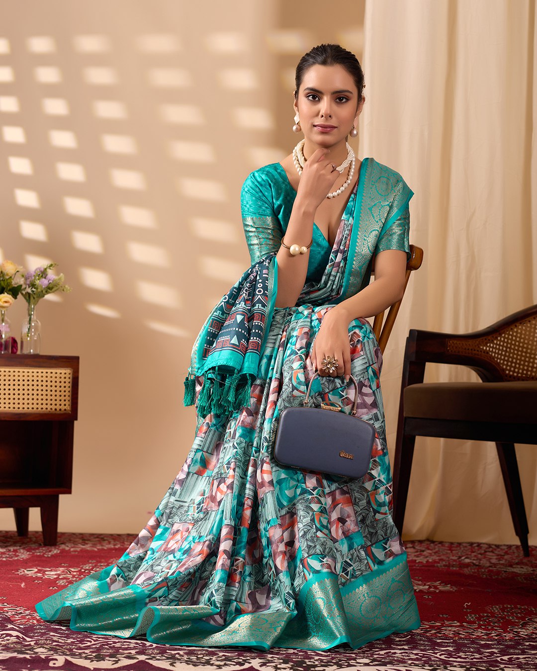 Premium Soft Lichi Silk Saree in Elegant Sea Green Shade, adorned with Artistic Abstract & Floral Digital Prints and enriched with a Luxurious Golden Zari Woven Border — a perfect blend of tradition and trend for festive & party occasions.