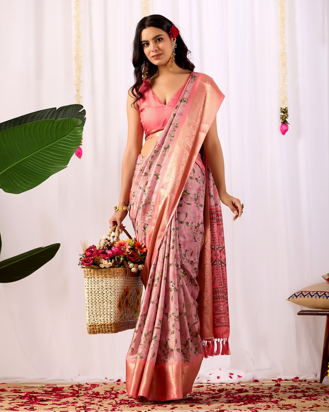 Premium Soft Lichi Silk Saree with a delicate floral print and a rich zari woven border, perfectly blending traditional elegance with modern grace.