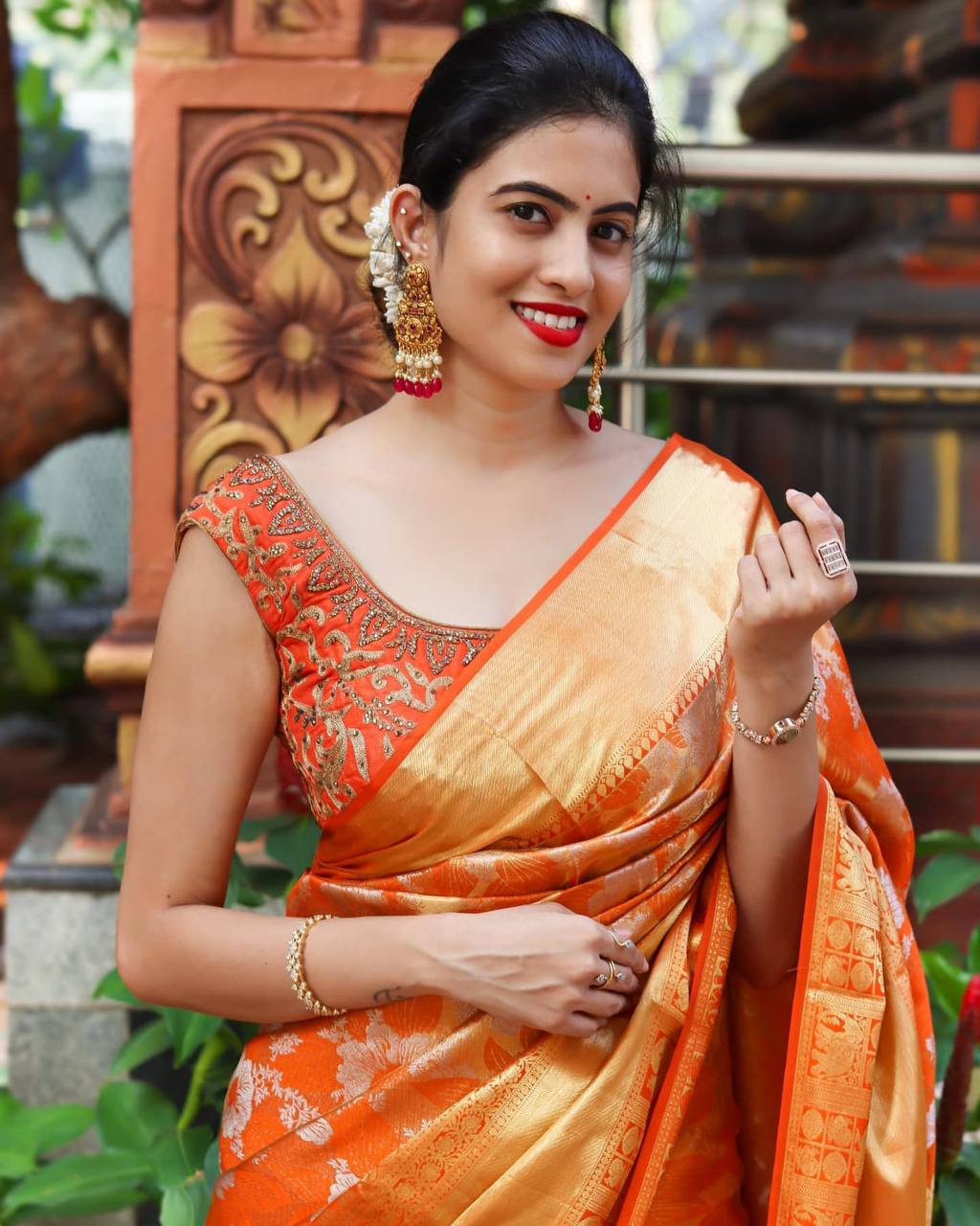 Orange Silk Woven Banarasi Saree