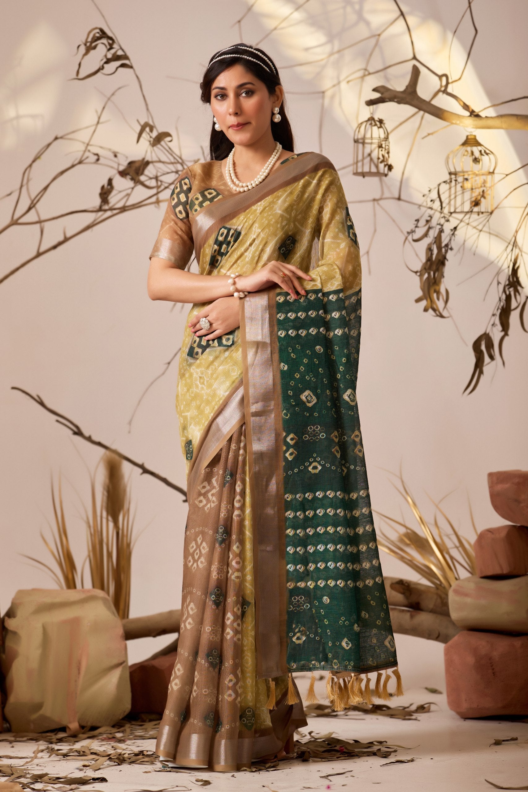 Premium Linen Cotton Saree with Traditional Patola & Ikat Style Digital Print with Classic Contrast Border