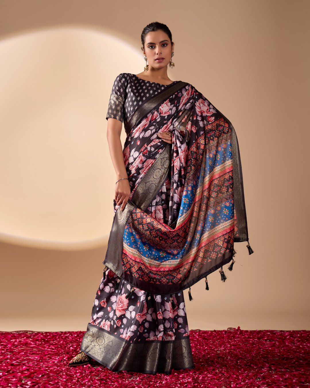 Premium Soft Lichi Silk Saree in Rich Black Tone, adorned with Artistic Floral Prints and a Vibrant Traditional Multicolor Pallu.