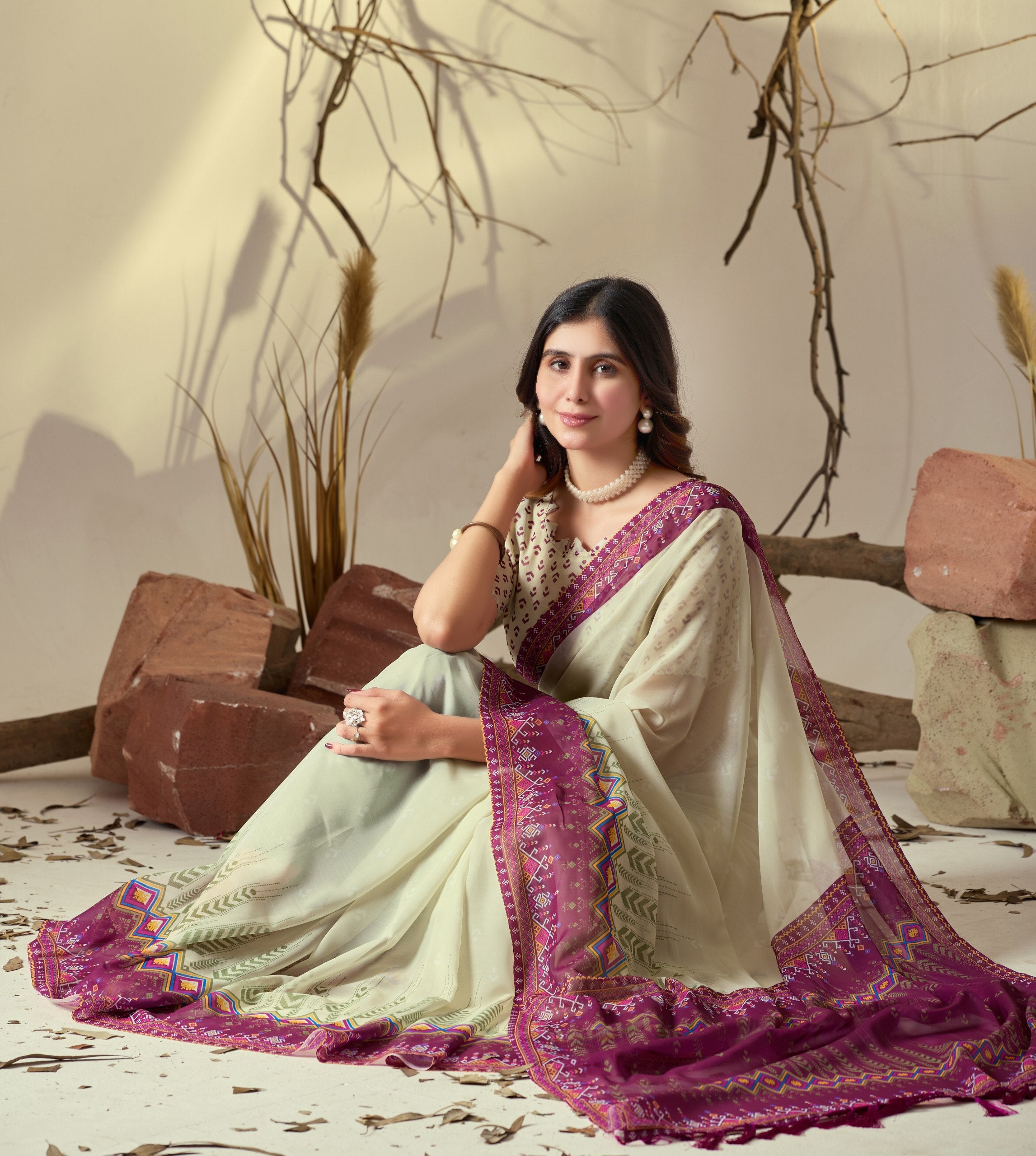 Soft Georgette Saree with Artistic Cream body and Deep Pink Geometric Digital Print border and pallu with Tassel Detailing (5.5 Mtr Saree)