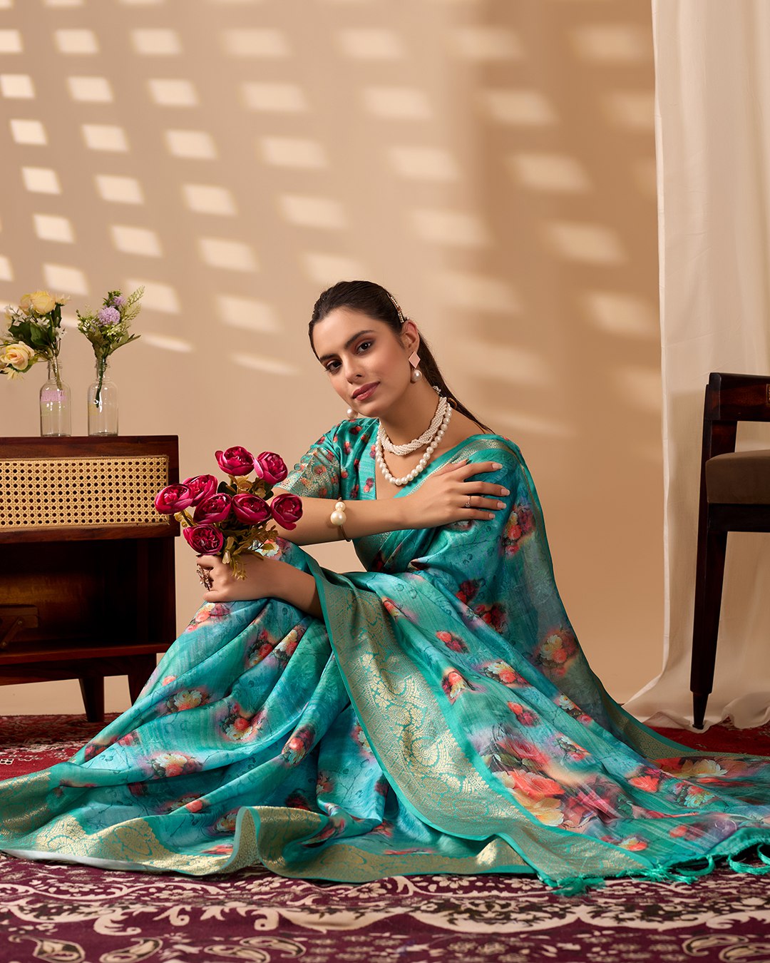Elegant Soft Lichi Silk Saree adorned with digital floral patterns and a rich golden zari border.