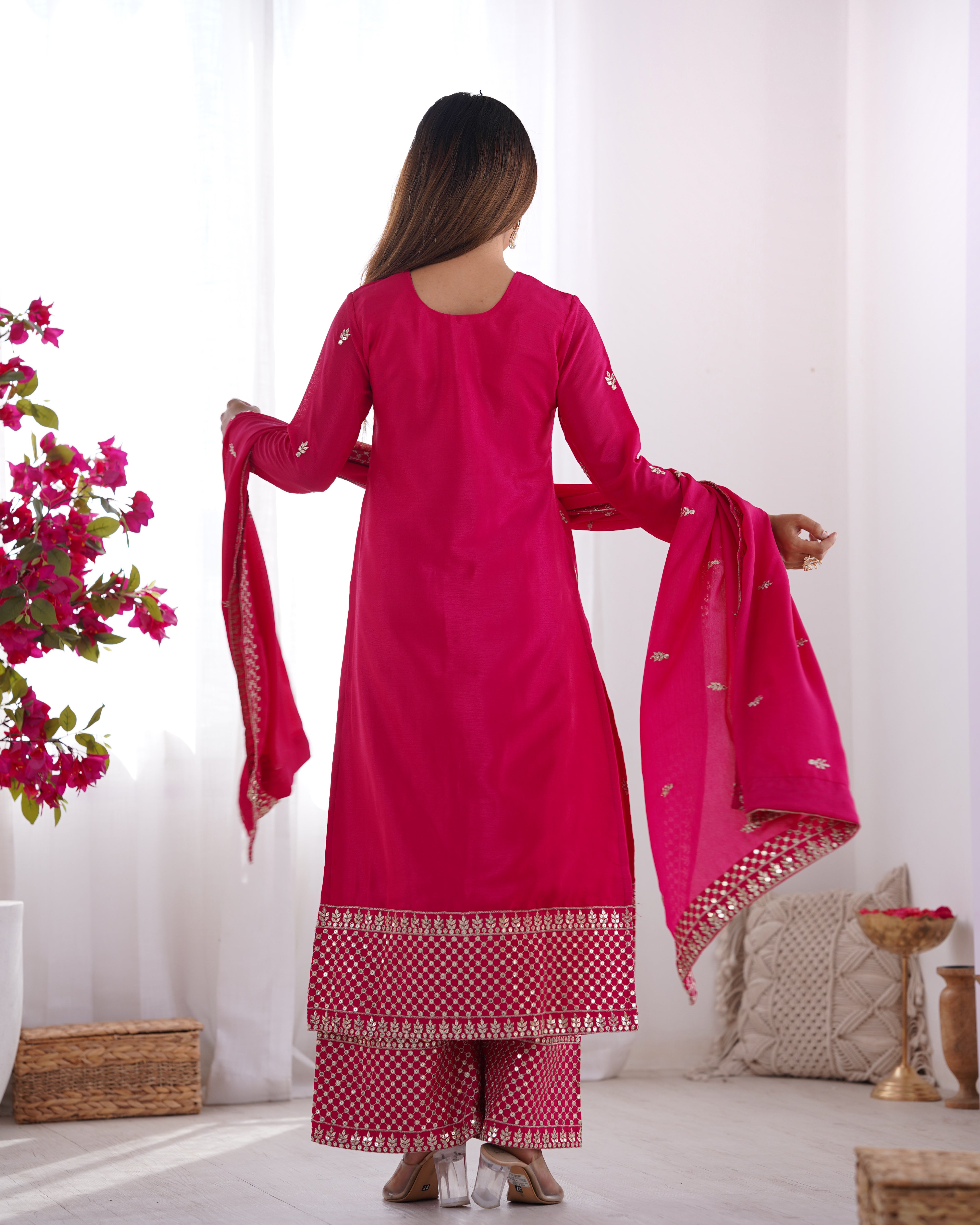 PRESENTING NEW BEAUTIFUL PURE CHINON SILK FABRIC STRAIGHT FIT KURTA WITH DUPPTA SET,TROUSERS,READY TO WEAR*