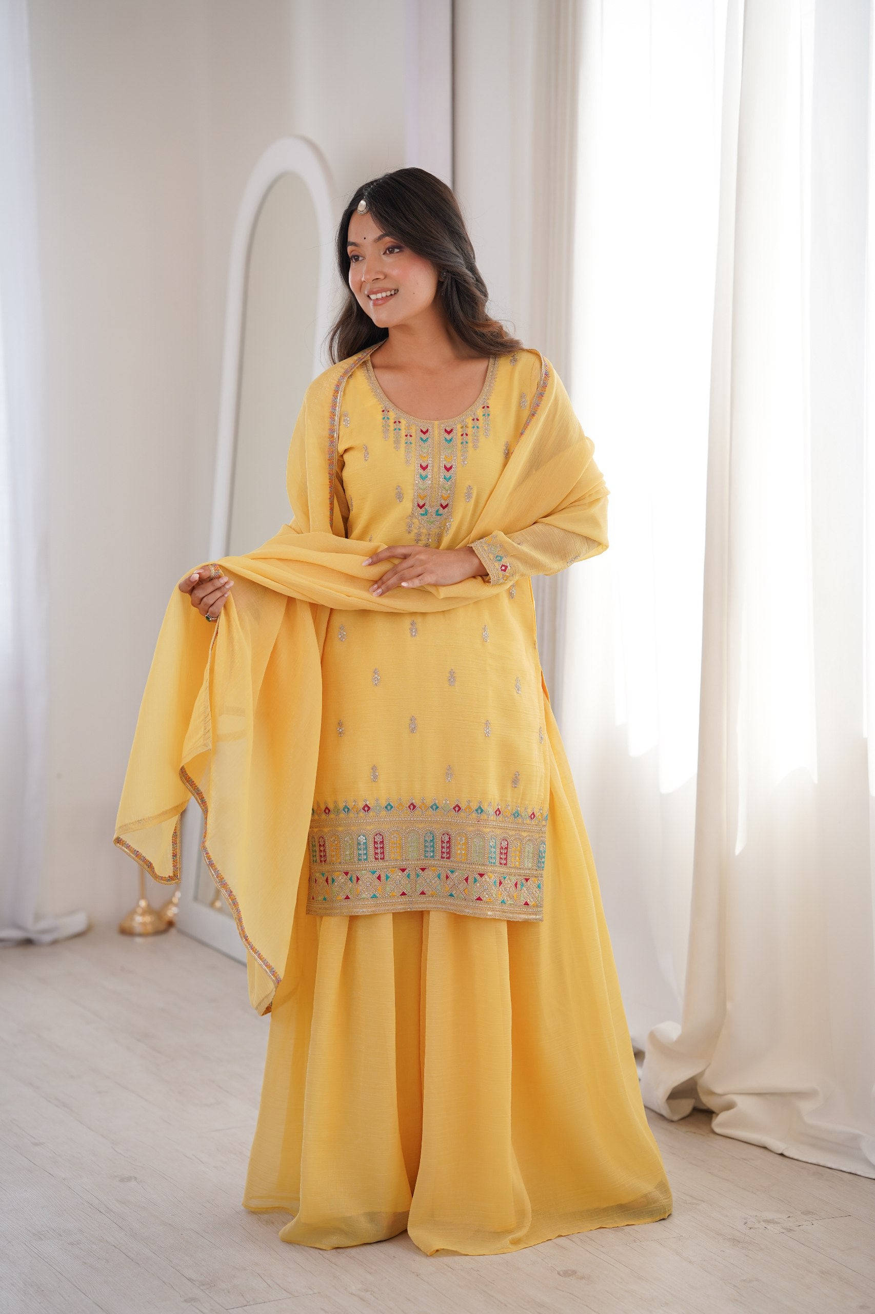 Elegant Crunchy Silk Kurta Sharara Set