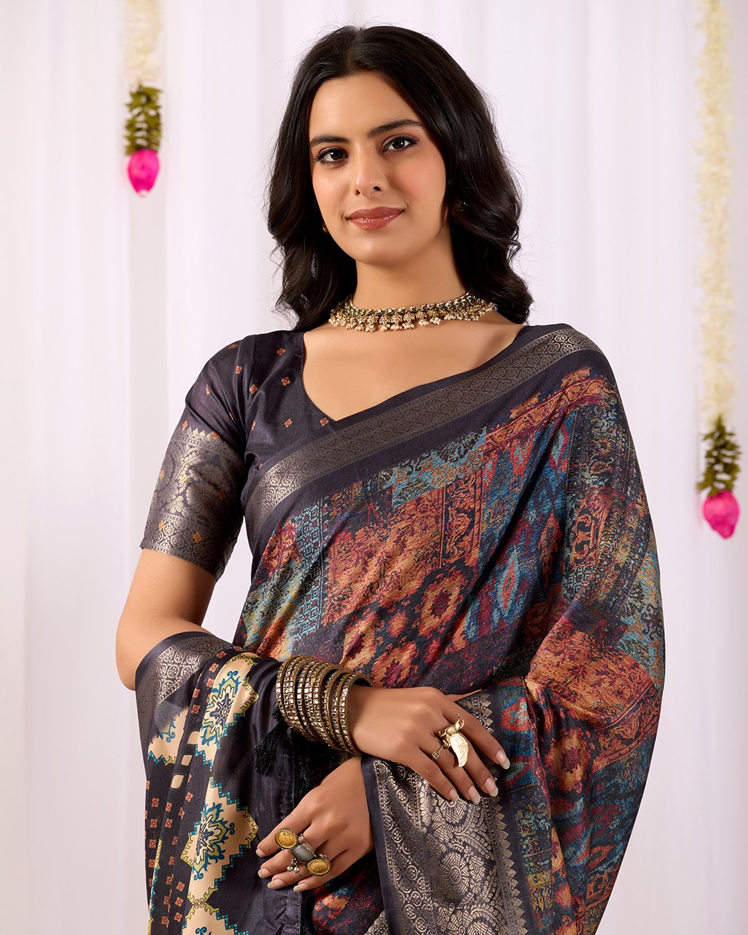 Elegant Soft Lichi Silk Saree with mesmerizing digital ethnic patterns and rich golden zari border — a perfect fusion of vintage artistry and modern luxury.