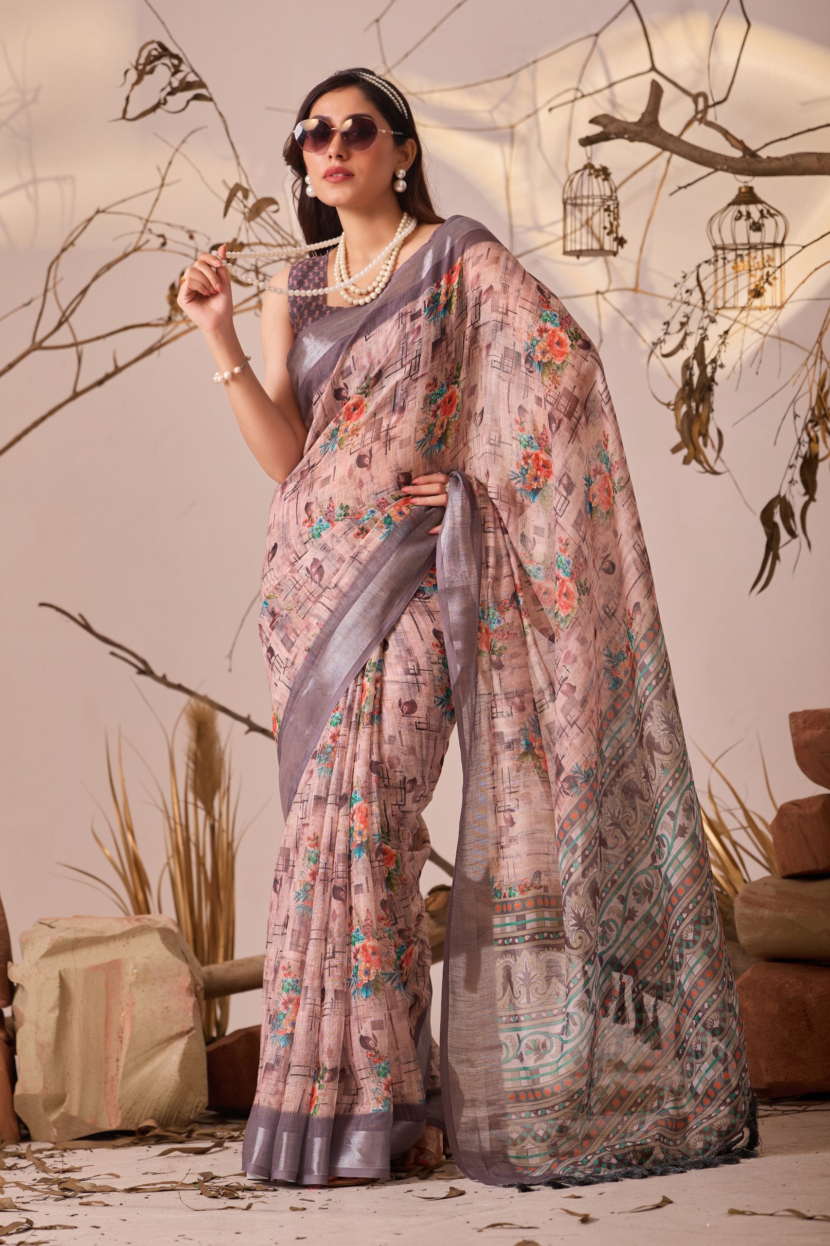Premium Linen Cotton Saree with Elegant Digital Floral & Geometric Print & Classic Contrast Patola Style Border