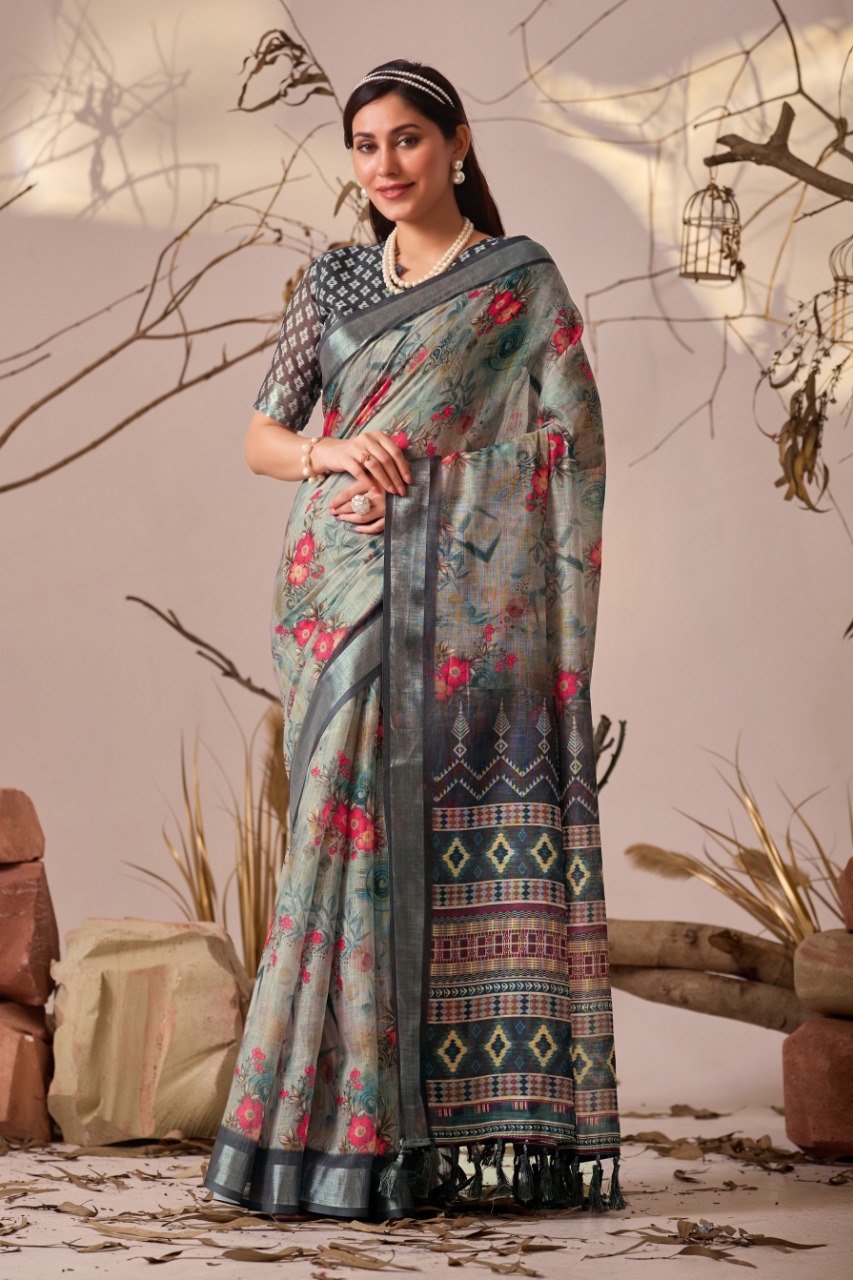 Premium Linen Cotton Saree with Elegant Digital Floral & Royal Ethnic Print & Classic Contrast Patola Style Border