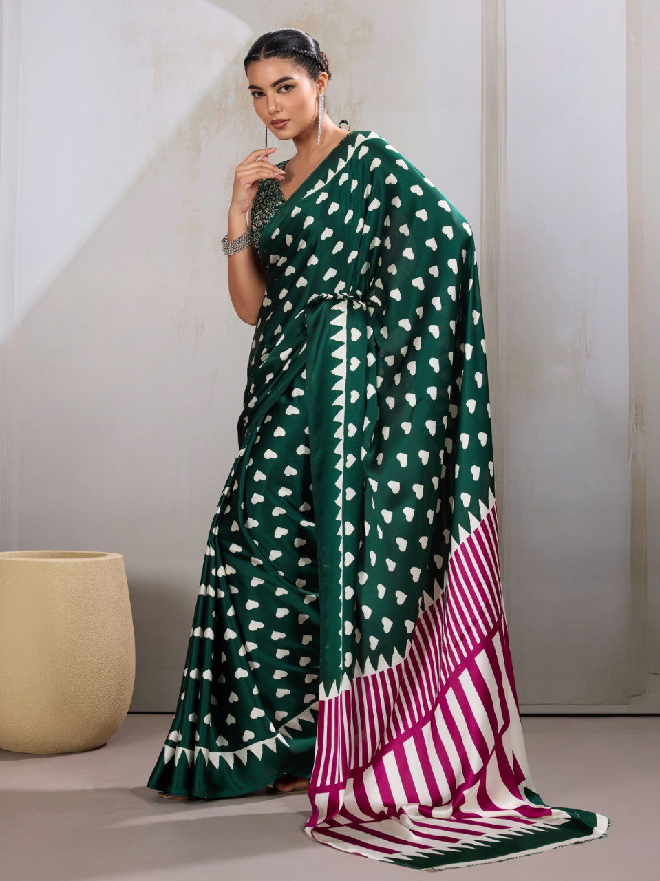 Pure Ajrakh modal satin fabric featuring traditional printed motifs with rich, earthy tones and a soft, breathable feel, perfect for all-day elegance.