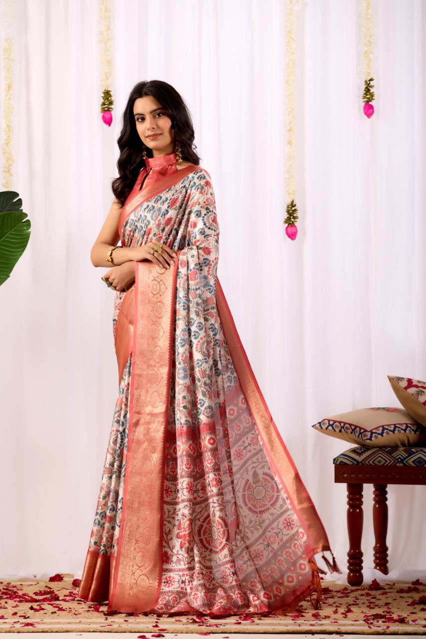 Premium Soft Lichi Silk Saree with elegant Patola-inspired geometric prints beautifully crafted with a luxurious zari woven border.