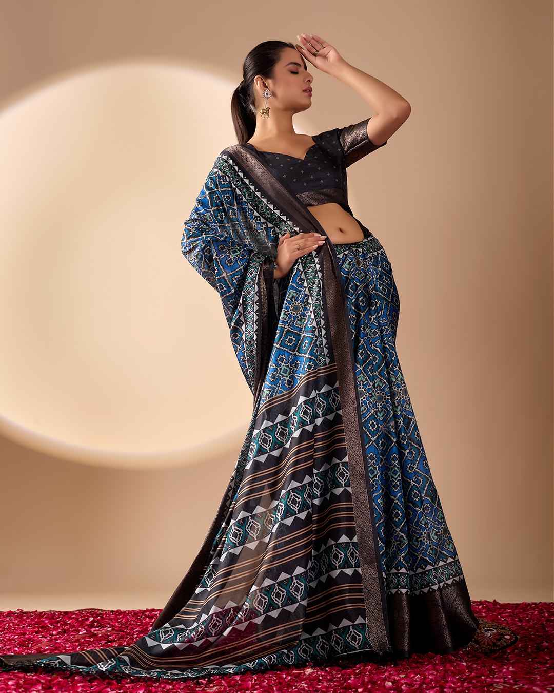 Exquisite Soft Lichi Silk Saree featuring elegant digital ethnic geometric designs paired with a luxurious copper zari border.