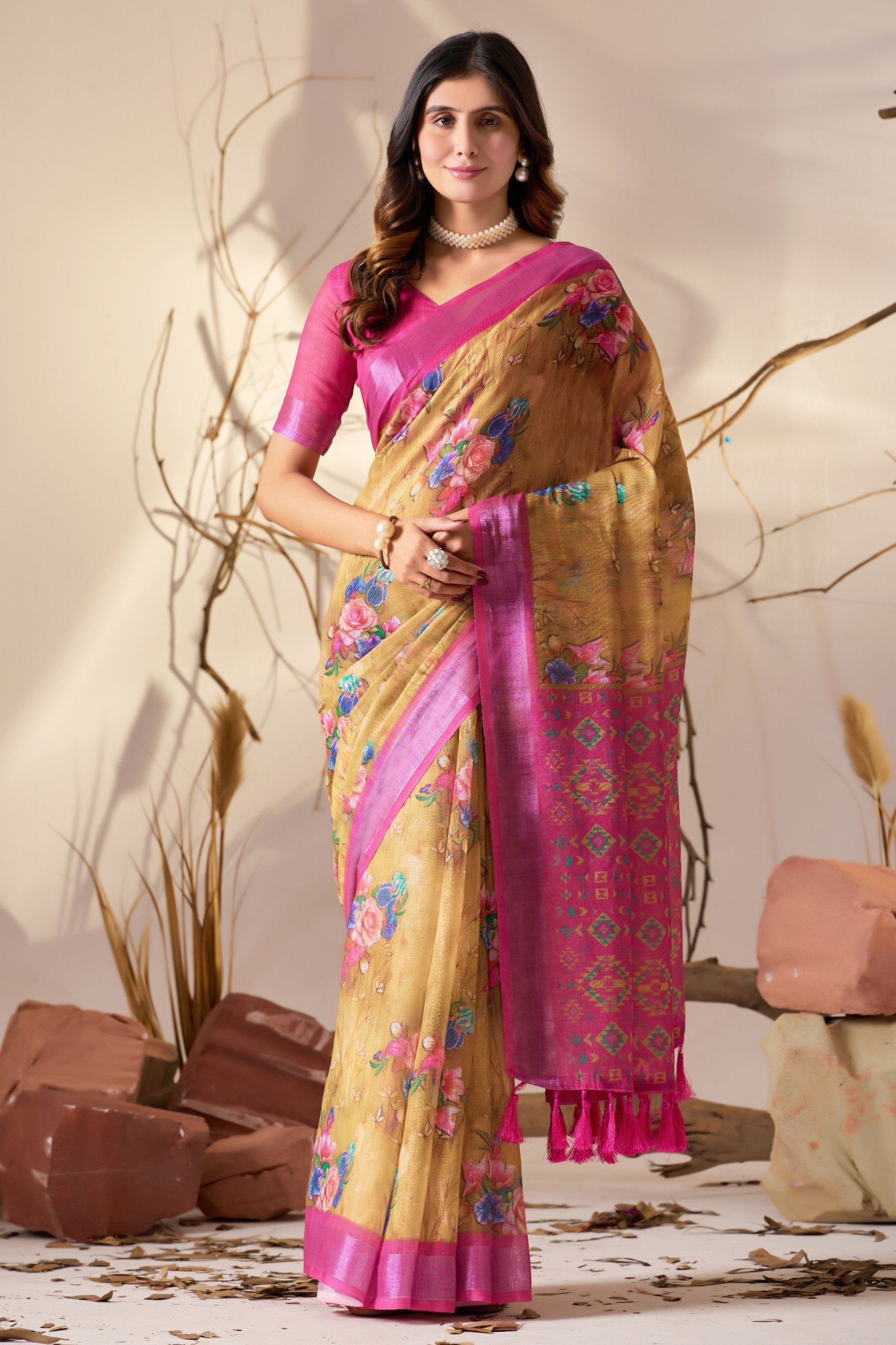 Premium Linen Cotton Saree with Graceful Digital Floral Print & Rich Patola Inspired Border Design