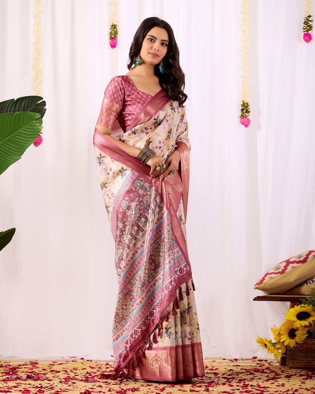Premium Soft Lichi Silk Saree featuring mesmerizing floral digital prints beautifully enhanced with an elegant contrast zari woven border.
