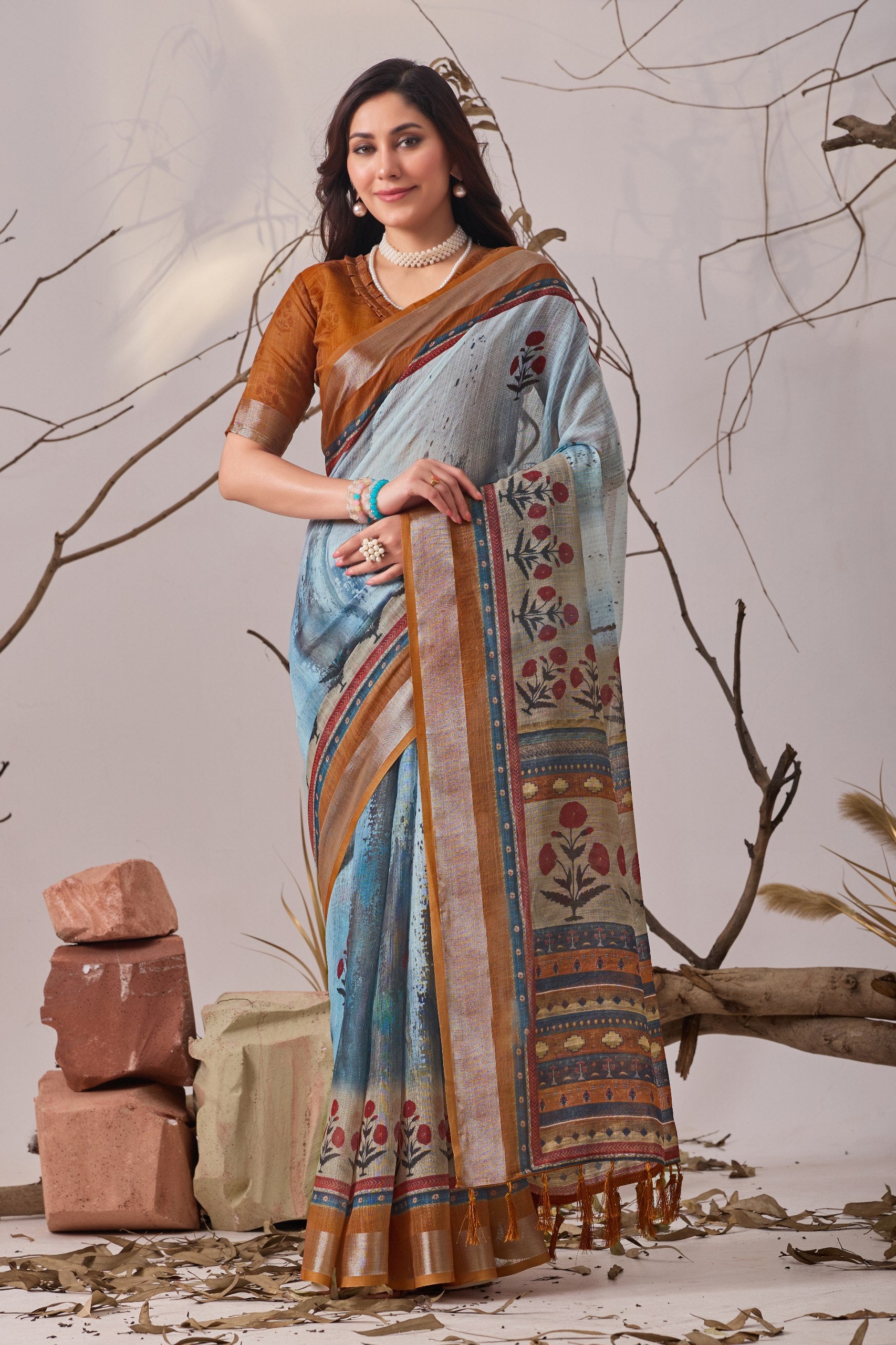Linen Cotton Saree with Elegant Digital Printed Floral Design