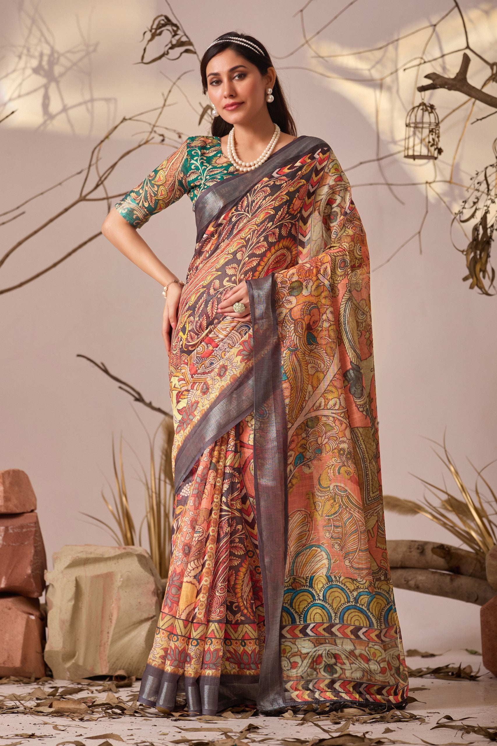 Premium Linen Cotton Saree with Elegant Digital Floral & Royal Ethnic Print & Classic Contrast Patola Style Border