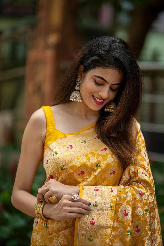 Mango Yellow Banarasi Silk Saree With Zari Weaving Work