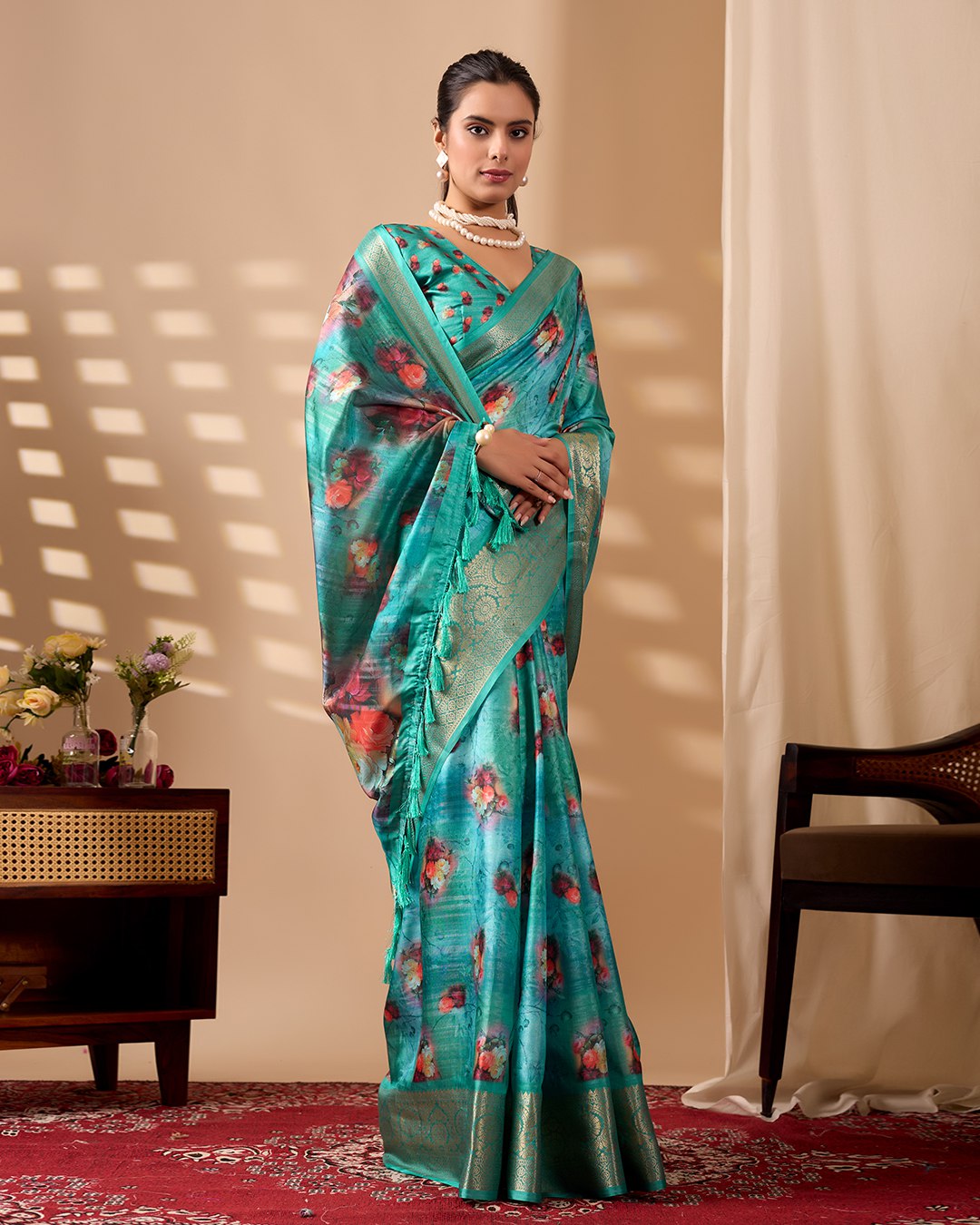 Elegant Soft Lichi Silk Saree adorned with digital floral patterns and a rich golden zari border.