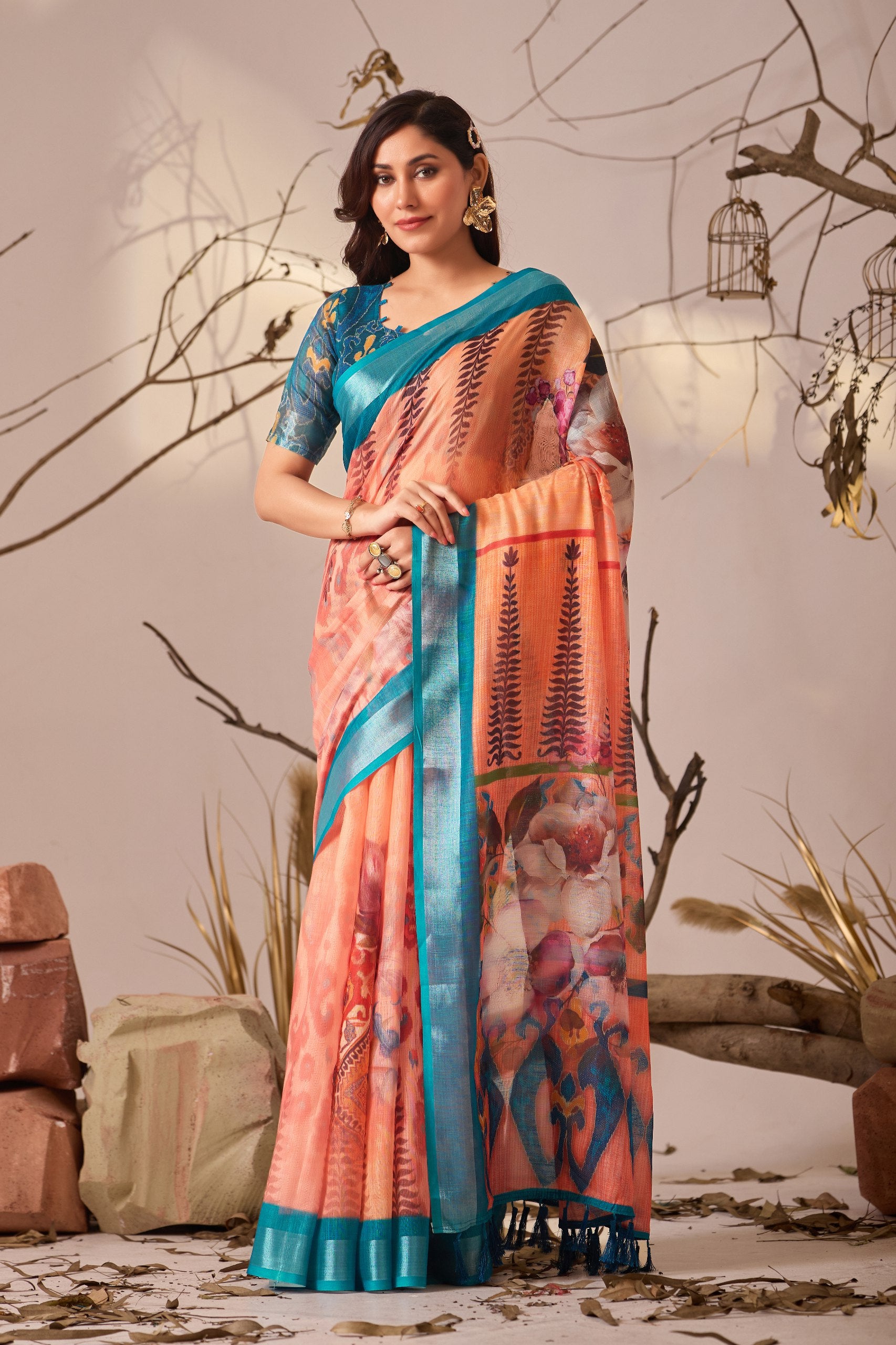 Premium Linen Cotton Saree with Elegant Digital Floral & Leaf Print & Classic Contrast Patola Style Border